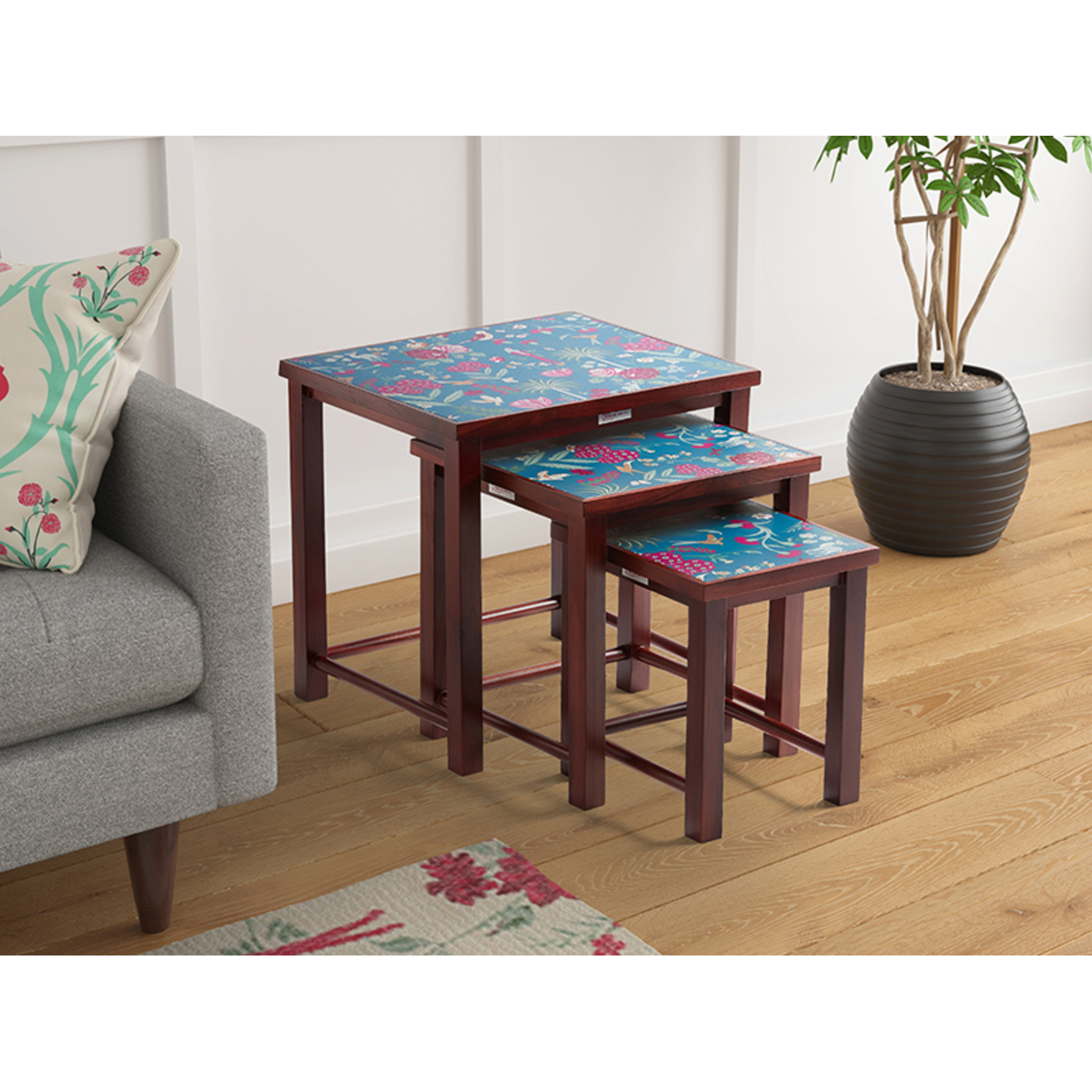 India Circus Teal Floral Galore Nesting Table