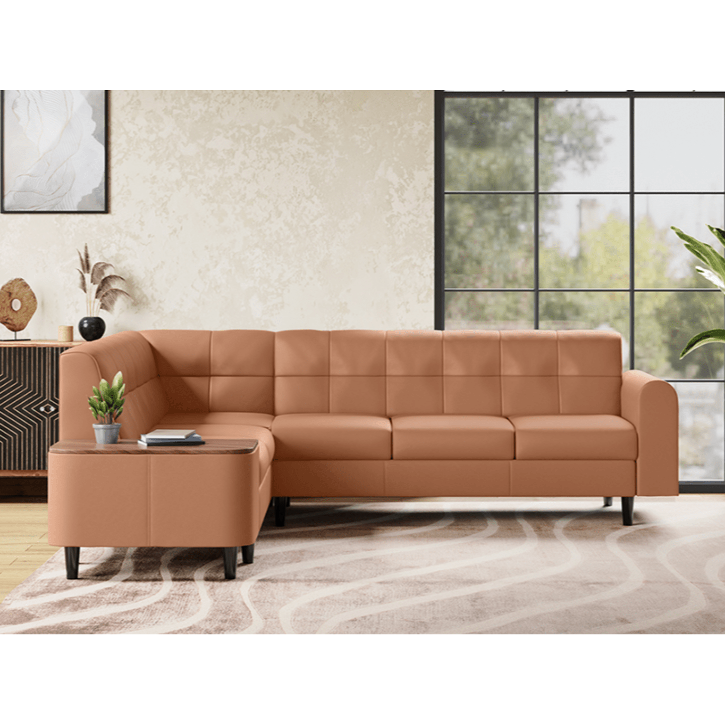 Godrej Orbit L Shape RH Sofa Synthetic Leather, Toffee