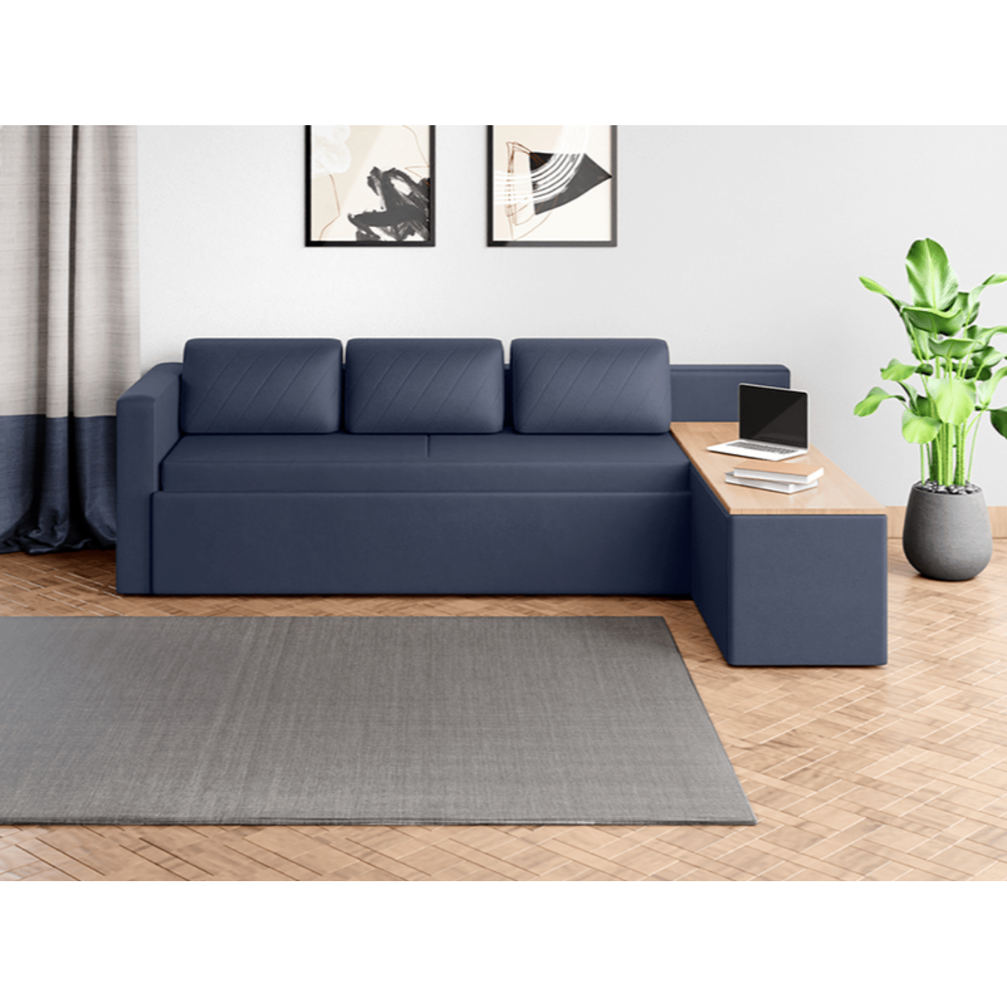 Godrej Attix 3-Seater Sofa Bed with armrest and storage, Denim