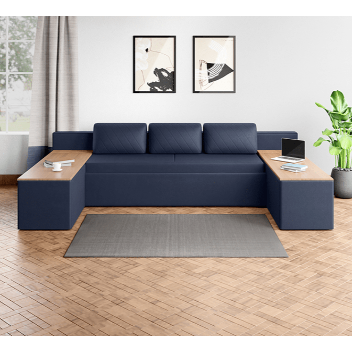 Godrej Attix 3-Seater Sofa Bed with storage, Denim