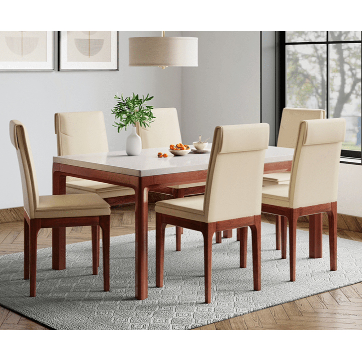 Godrej Terrene 6 Seater Dining Table Set with 6 chairs Synthetic Marble Top, Paper Marble Color