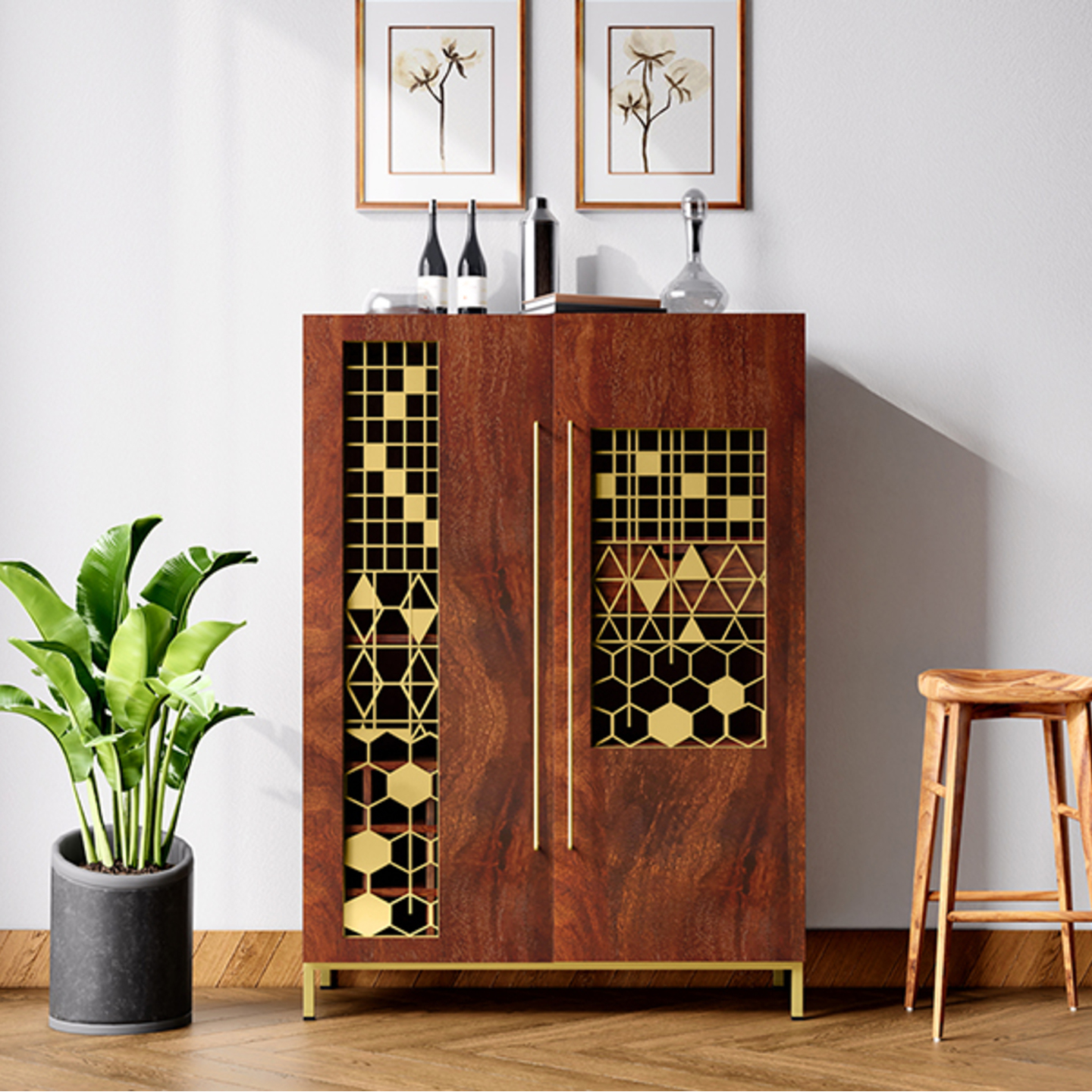 Godrej Castle Bar Wooden Cabinet Natural Brown