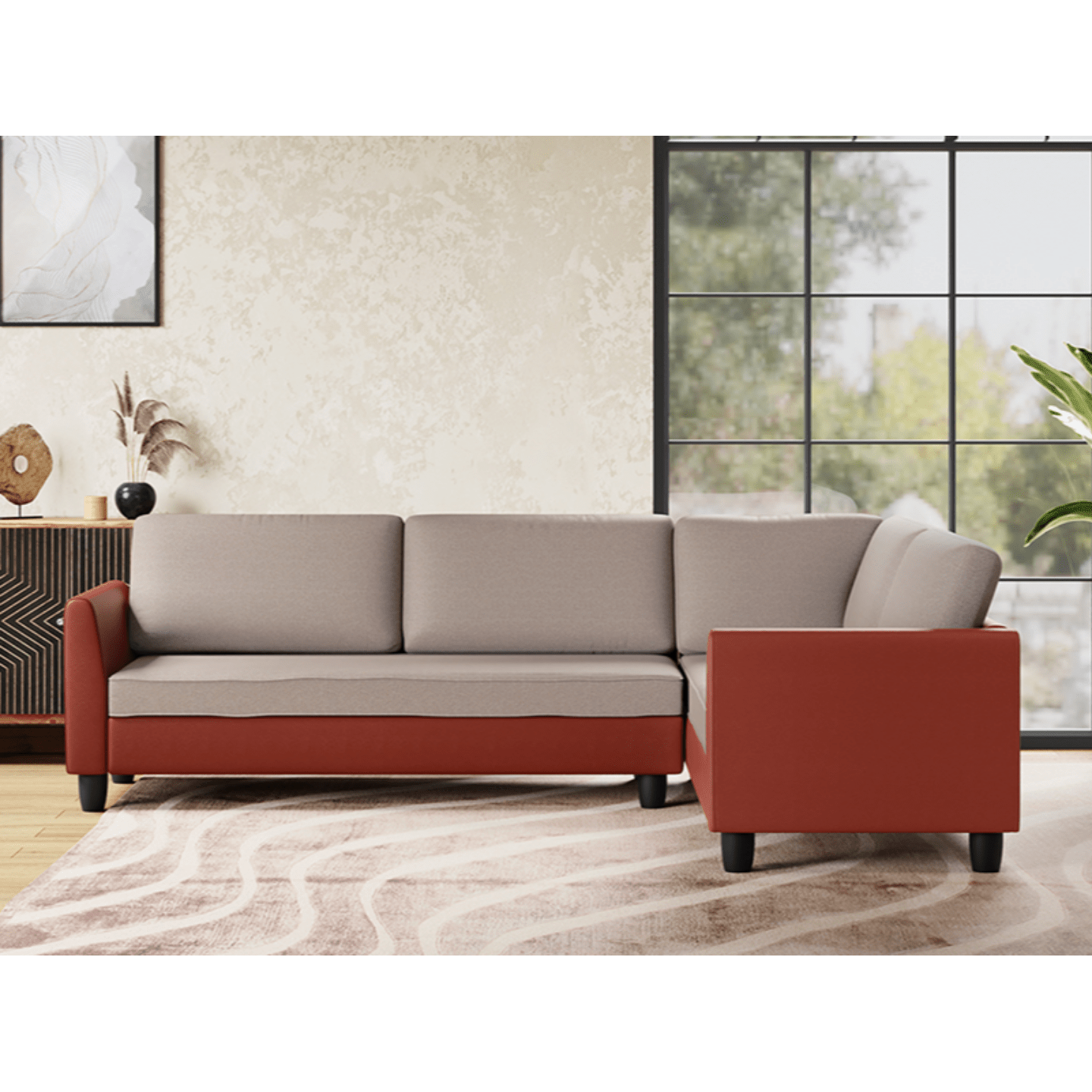 Godrej Plenta L Shape LH Sofa Fabric, Burgundy Grey