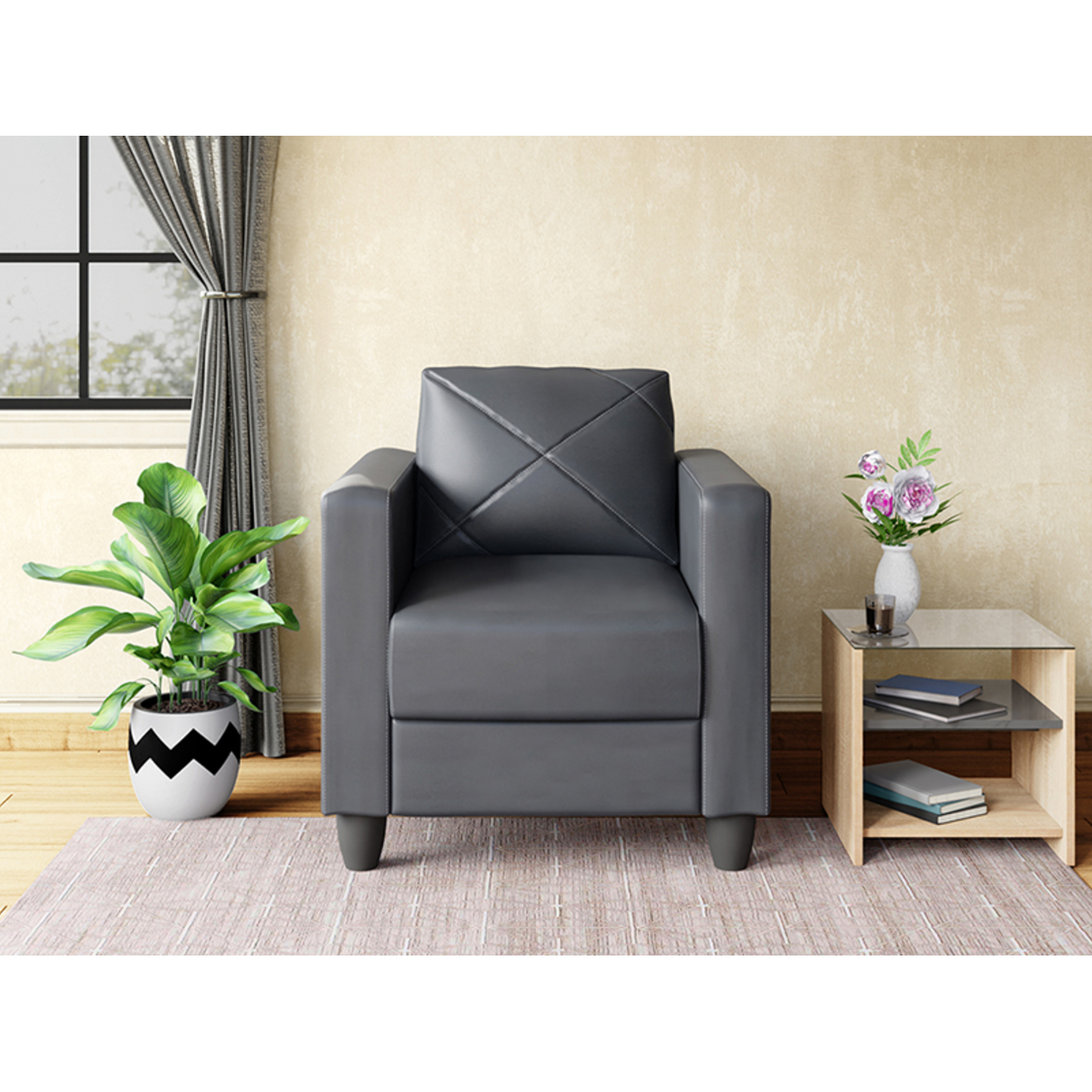 Godrej Quad 1 Seater Sofa Synthetic Leather, Nimbus Grey