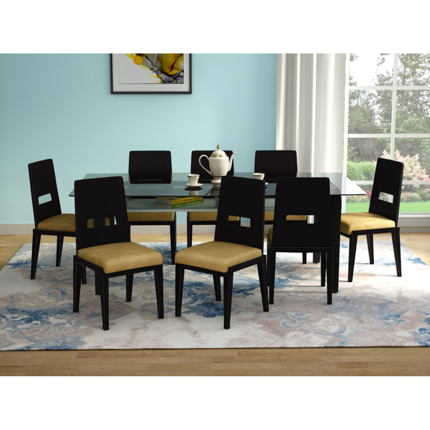 Godrej Crescent Plus 8 Seater Dining Table Set with 8 chairs Tempered Glass Top, Dark Chocolate