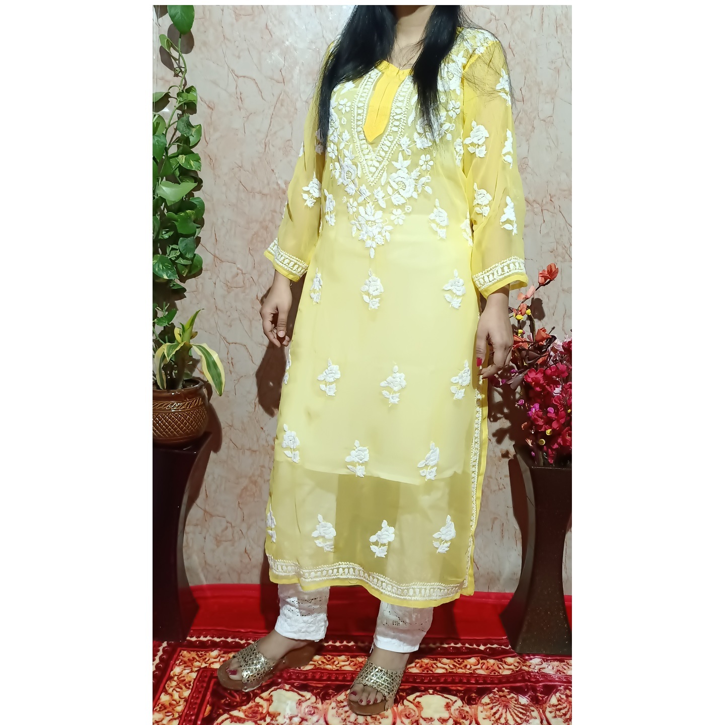 Product Beautiful Yellow Georgette Chikankari Kurti