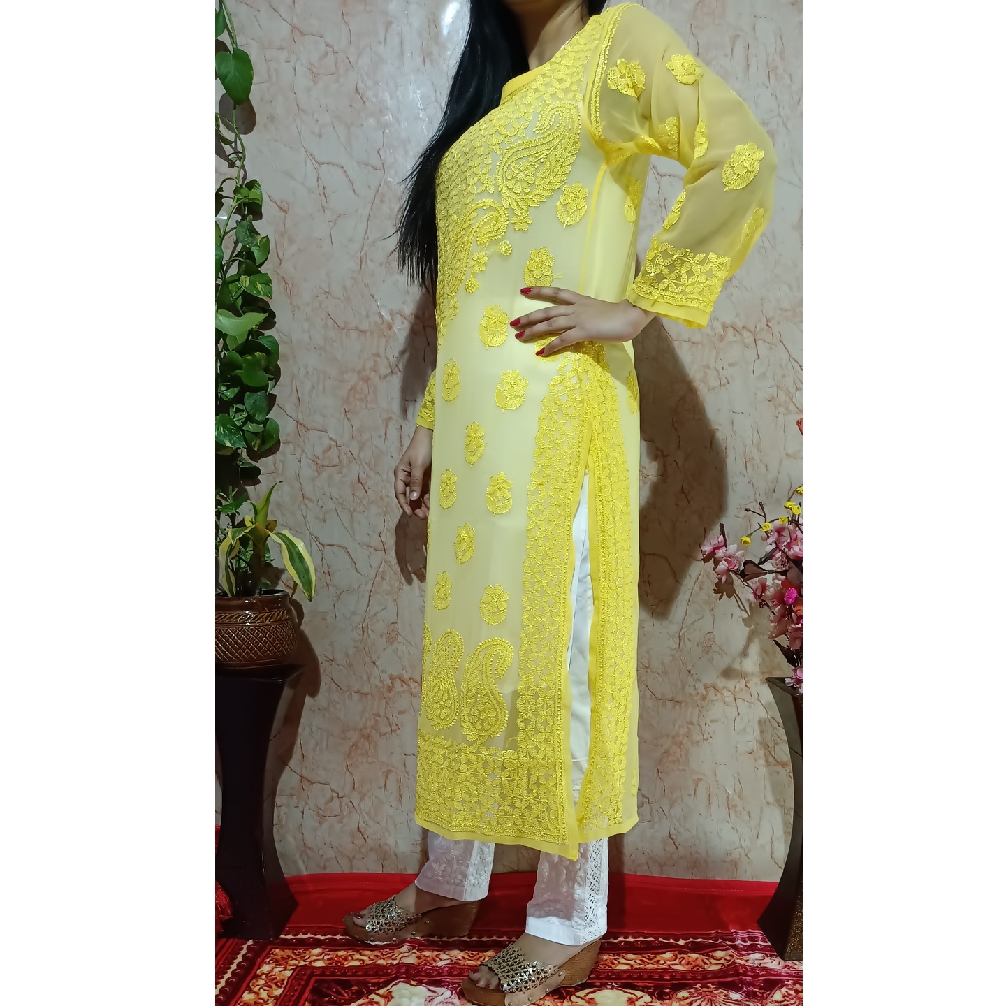 Beautiful Yellow Georgette Resham Thread Work Chikankari Kurti