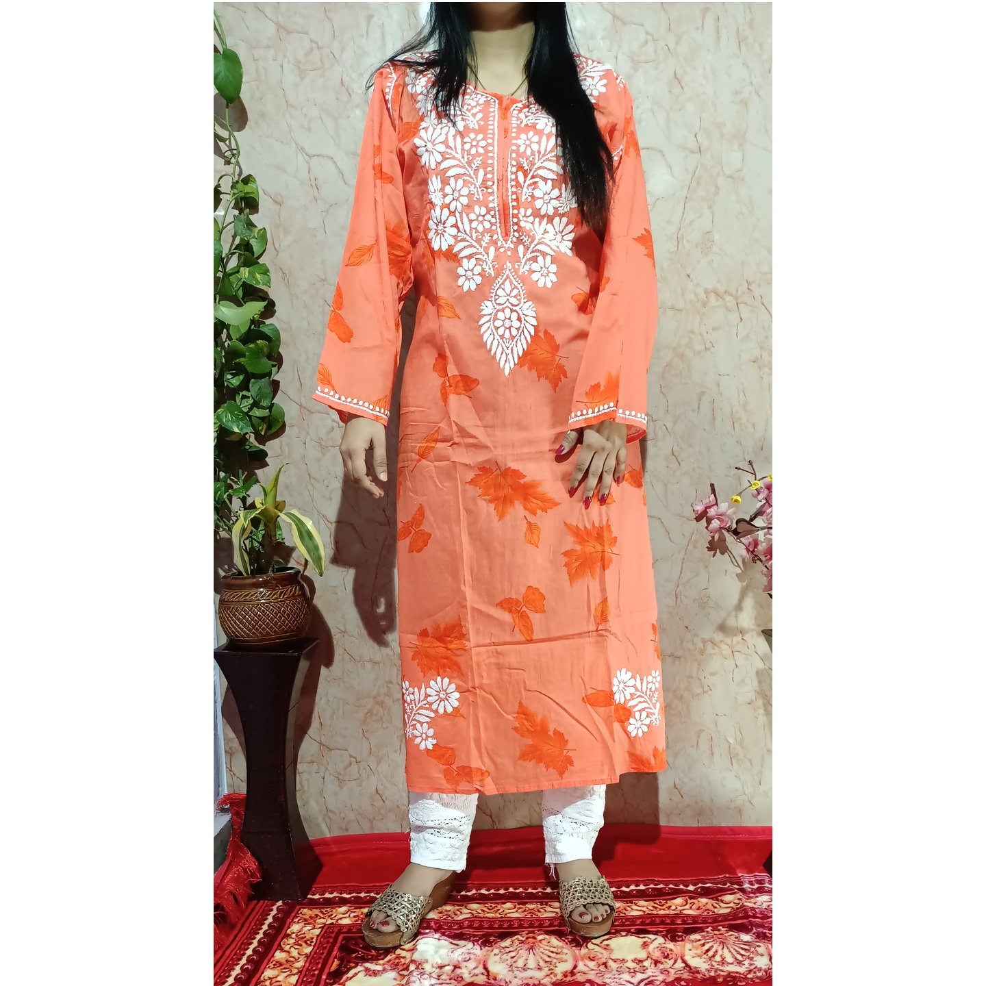 Mul Fabric Printed Kurti with Chikankari Work