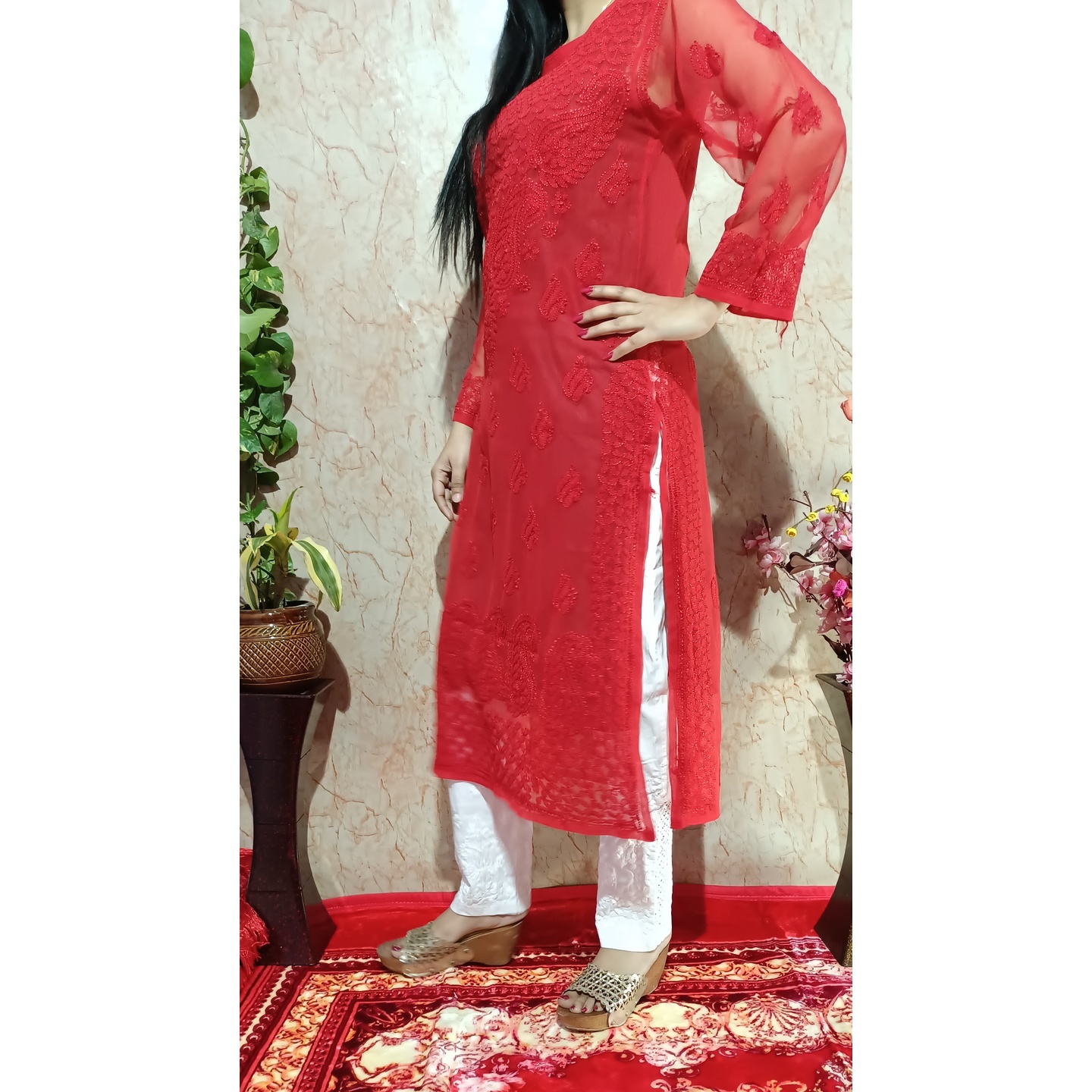 Beautiful Red Georgette Resham Thread Work Chikankari Kurti