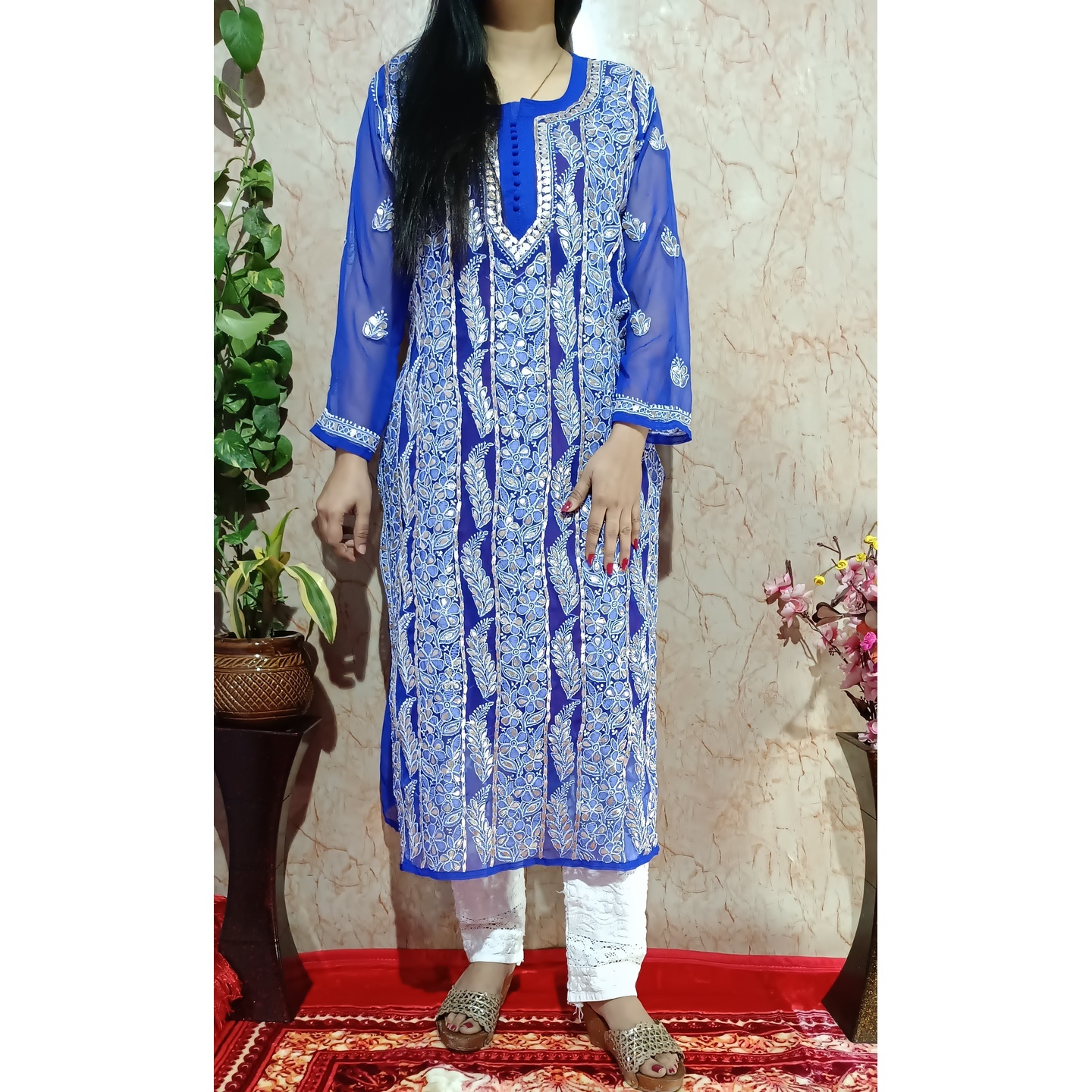 Blue Georgette Chikankari Kurti with Gotta Patti Work all Over