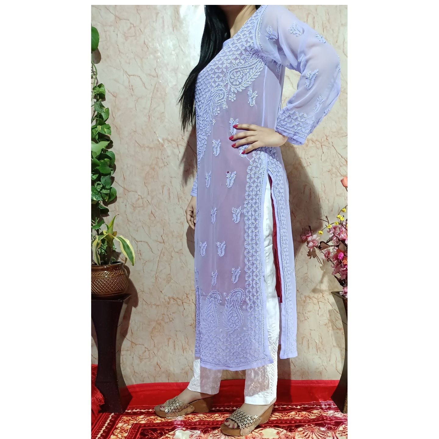 Beautiful Purple Georgette Resham Thread Work Chikankari Kurti