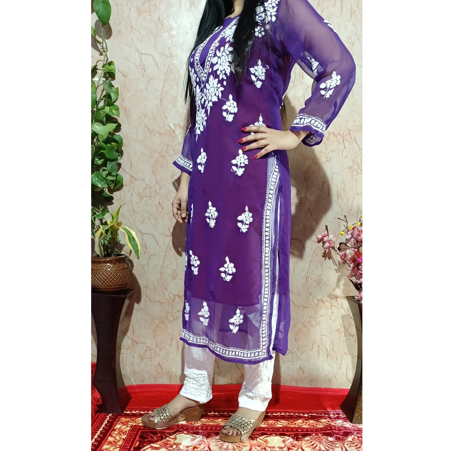 Beautiful Purple Georgette Chikankari Kurti with Cotton Stretchable Pant