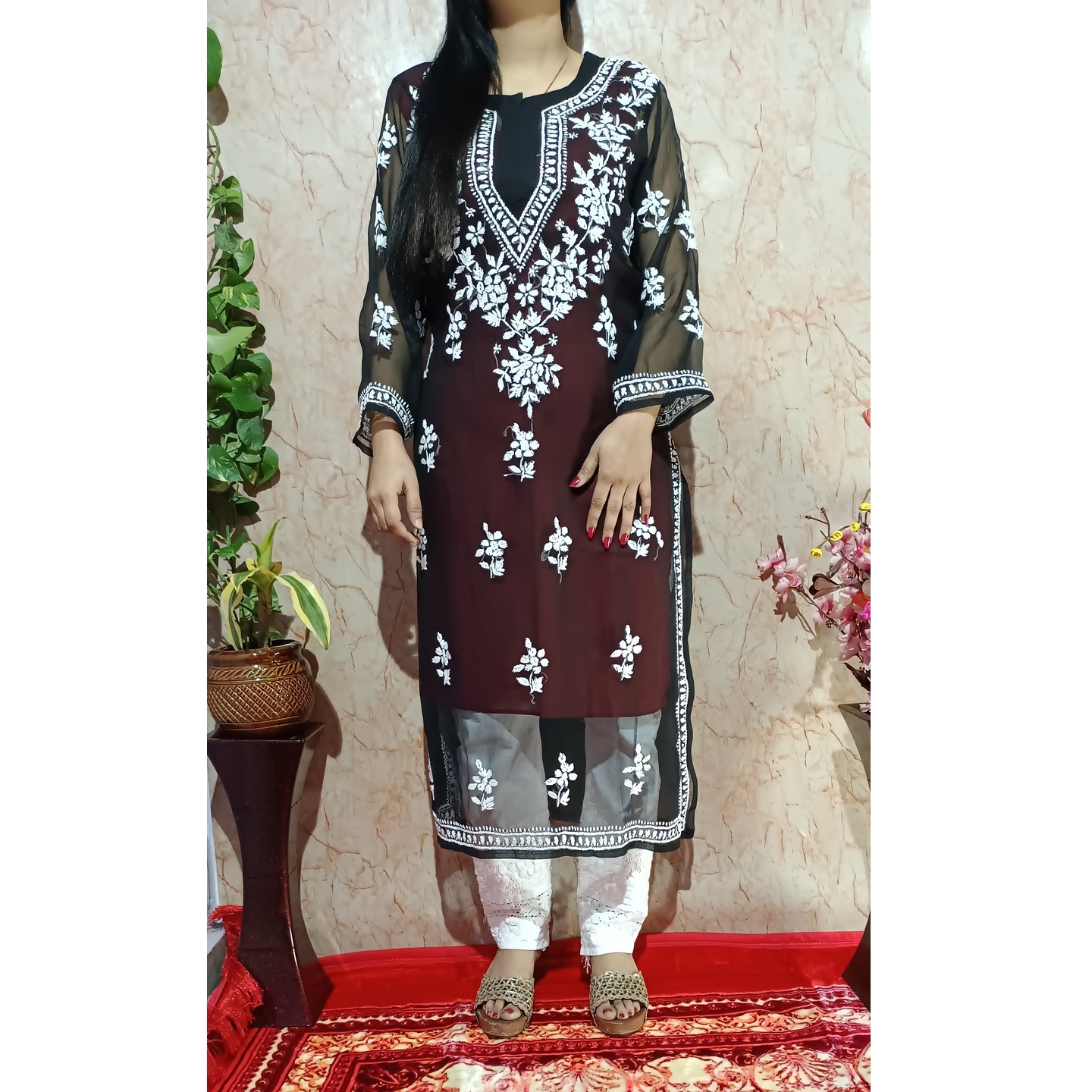 Beautiful Black Georgette Chikankari Kurti with Cotton Stretchable Pant