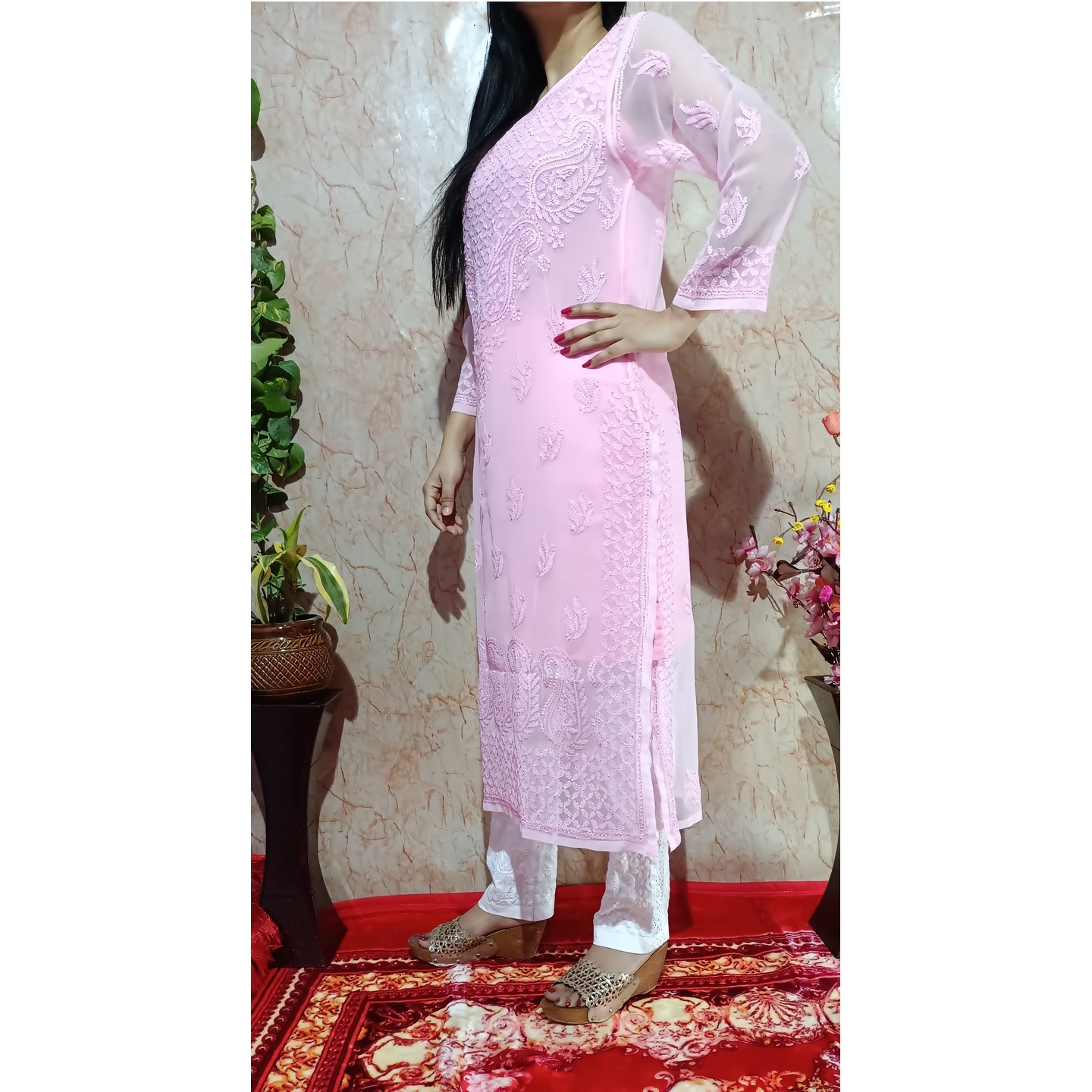 Beautiful Pink Georgette Resham Thread Work Chikankari Kurti