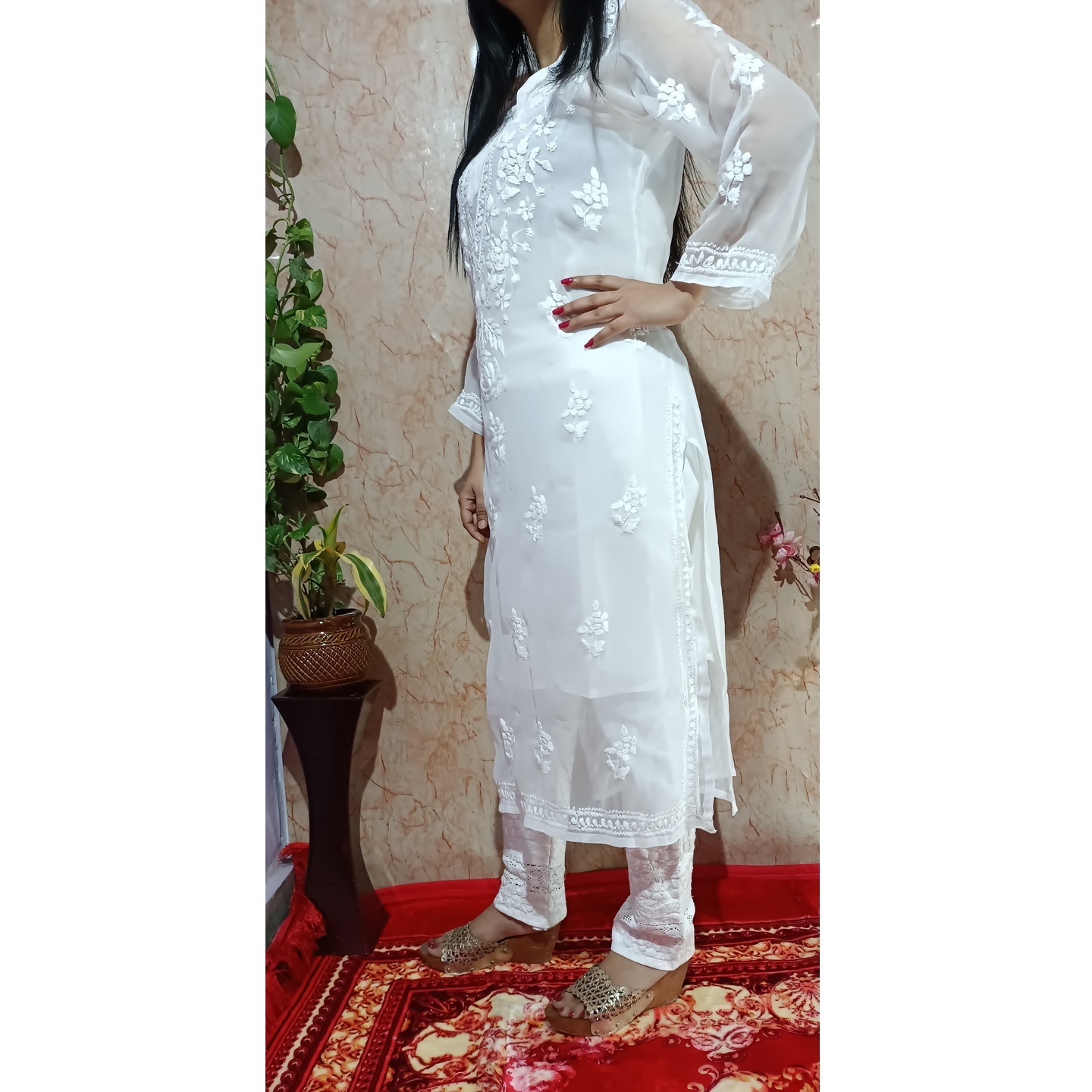 Beautiful White Georgette Chikankari Kurti with Cotton Stretchable Pant