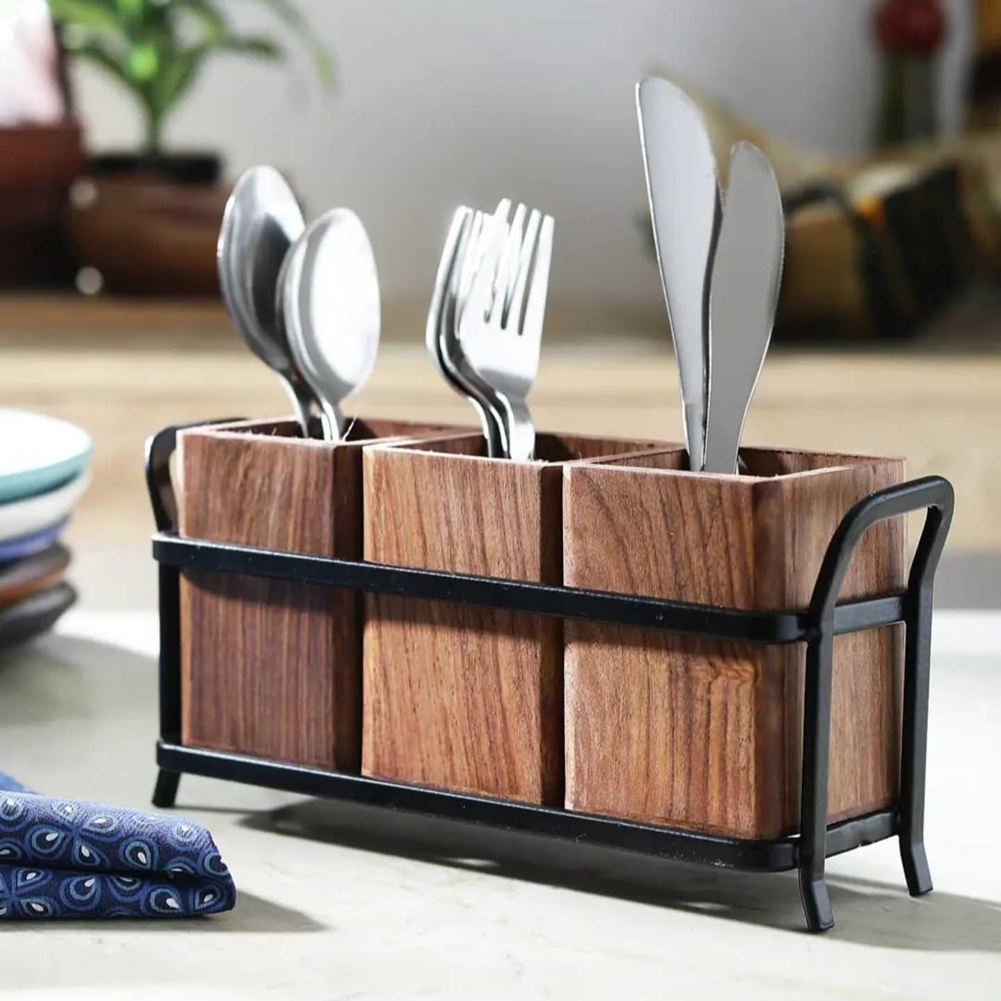 Solid wood  mango wood cutlery holder pack of 3 jars