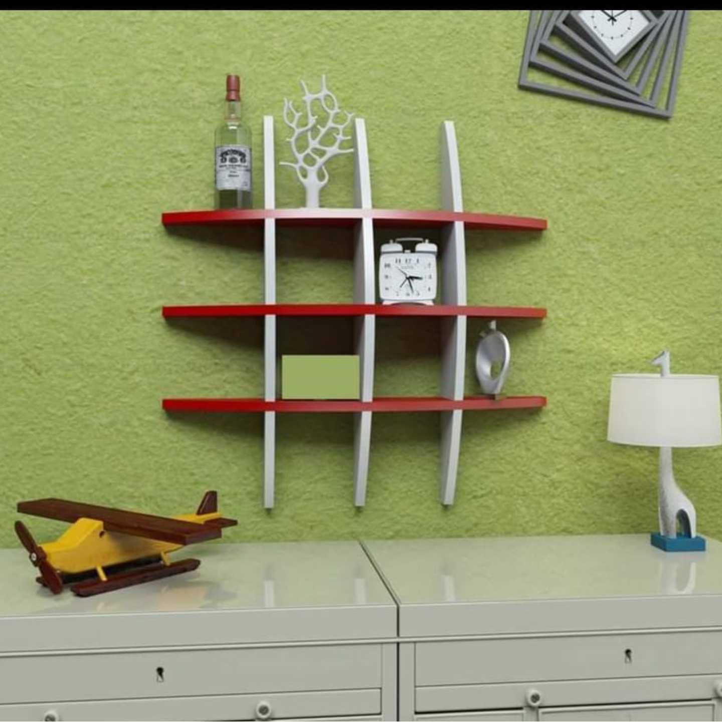Wooden MDF 12 rack wall shelf set in brown & white colour combination