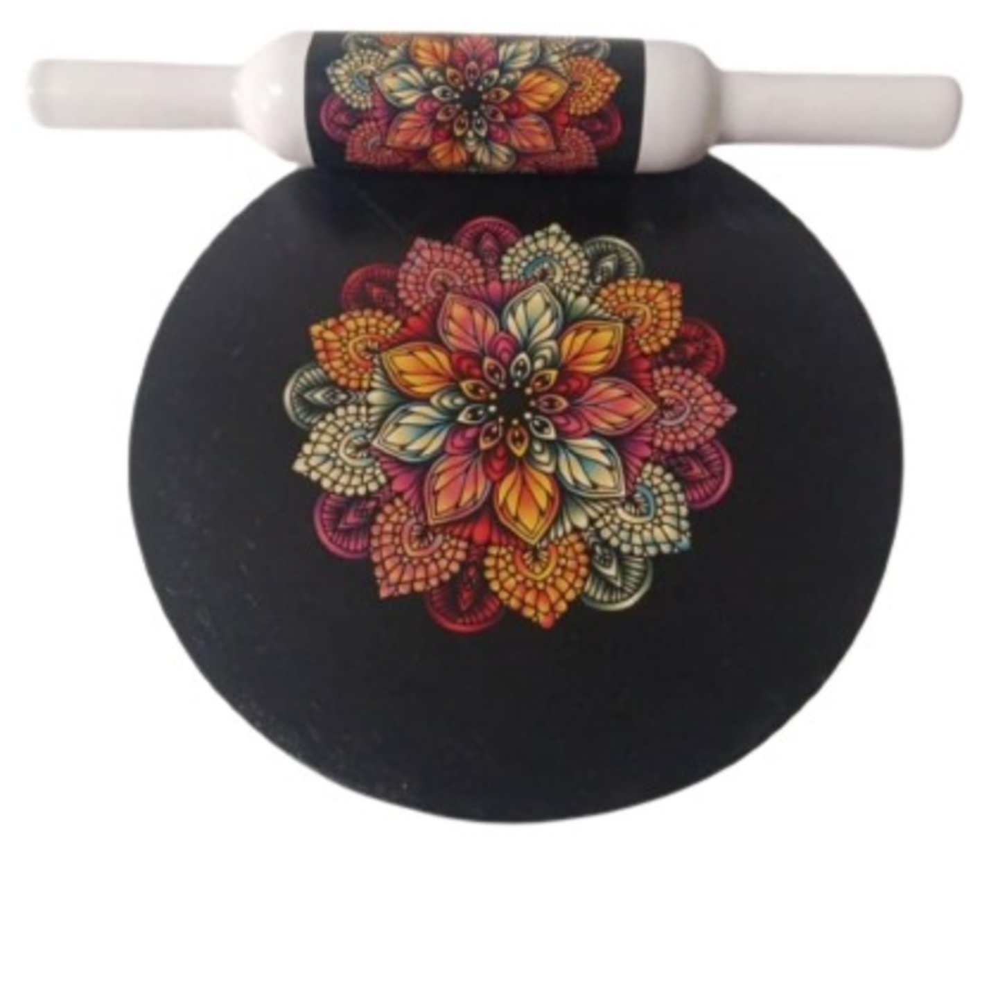 Black Base Floral Design Marble Rolling Pin Set with stand 