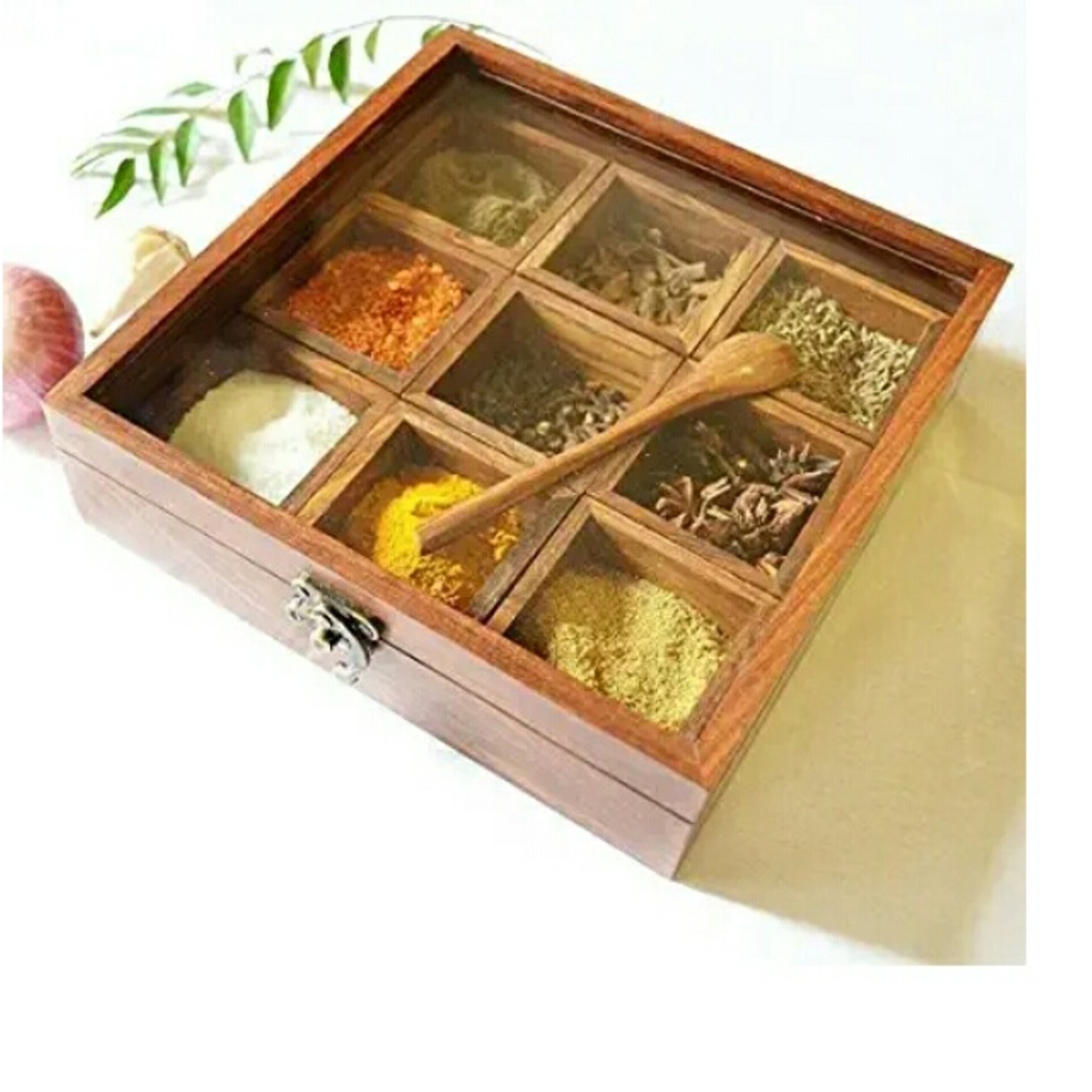 Solid wood Spice Box with 9 sections and solid glass cover