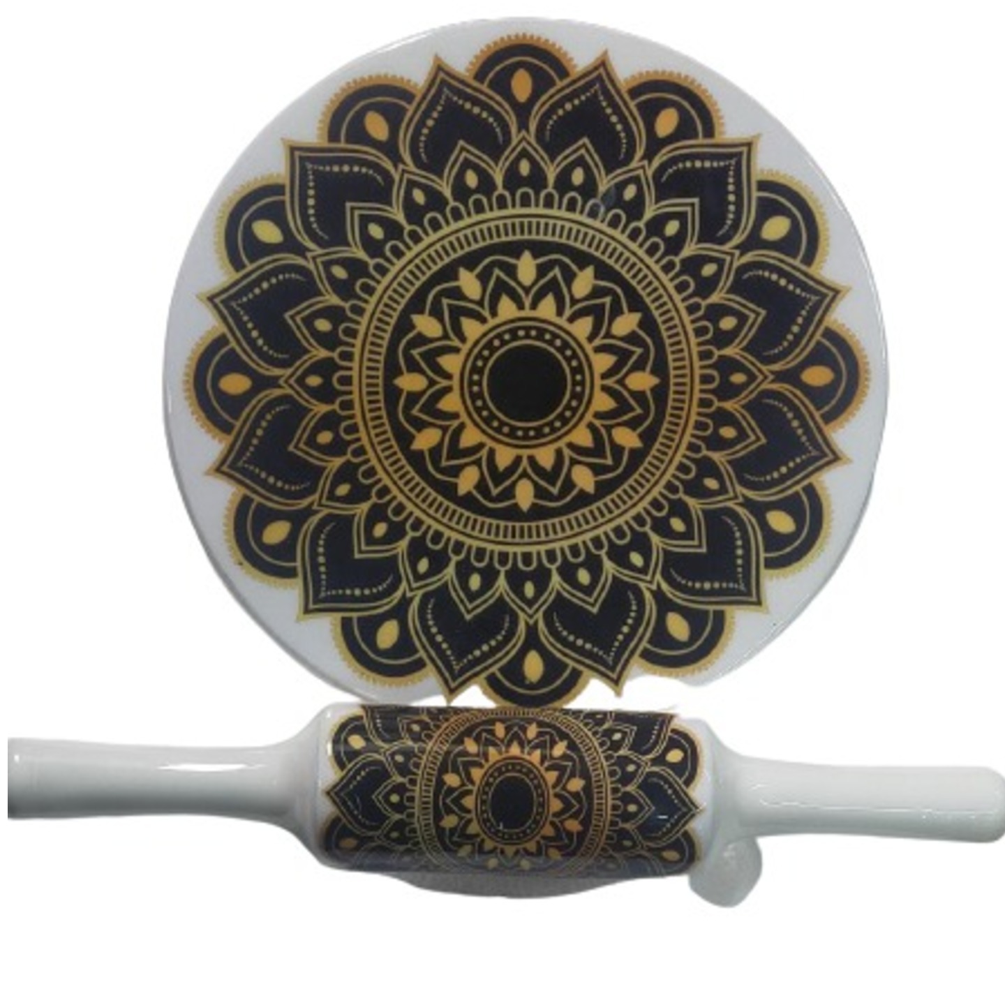 Black Rangoli Design Marble Rolling Pin Set with Stand 