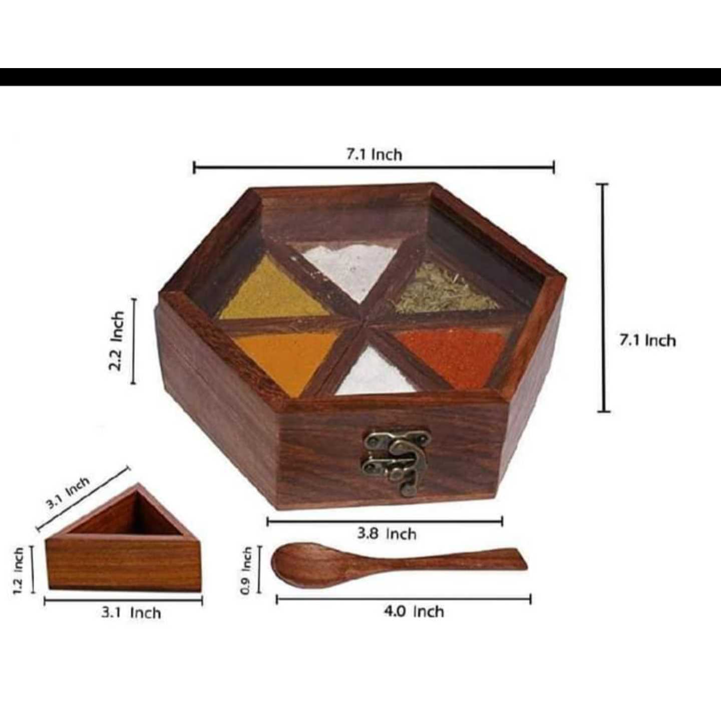 Solid wood hexagon shape Masala box 