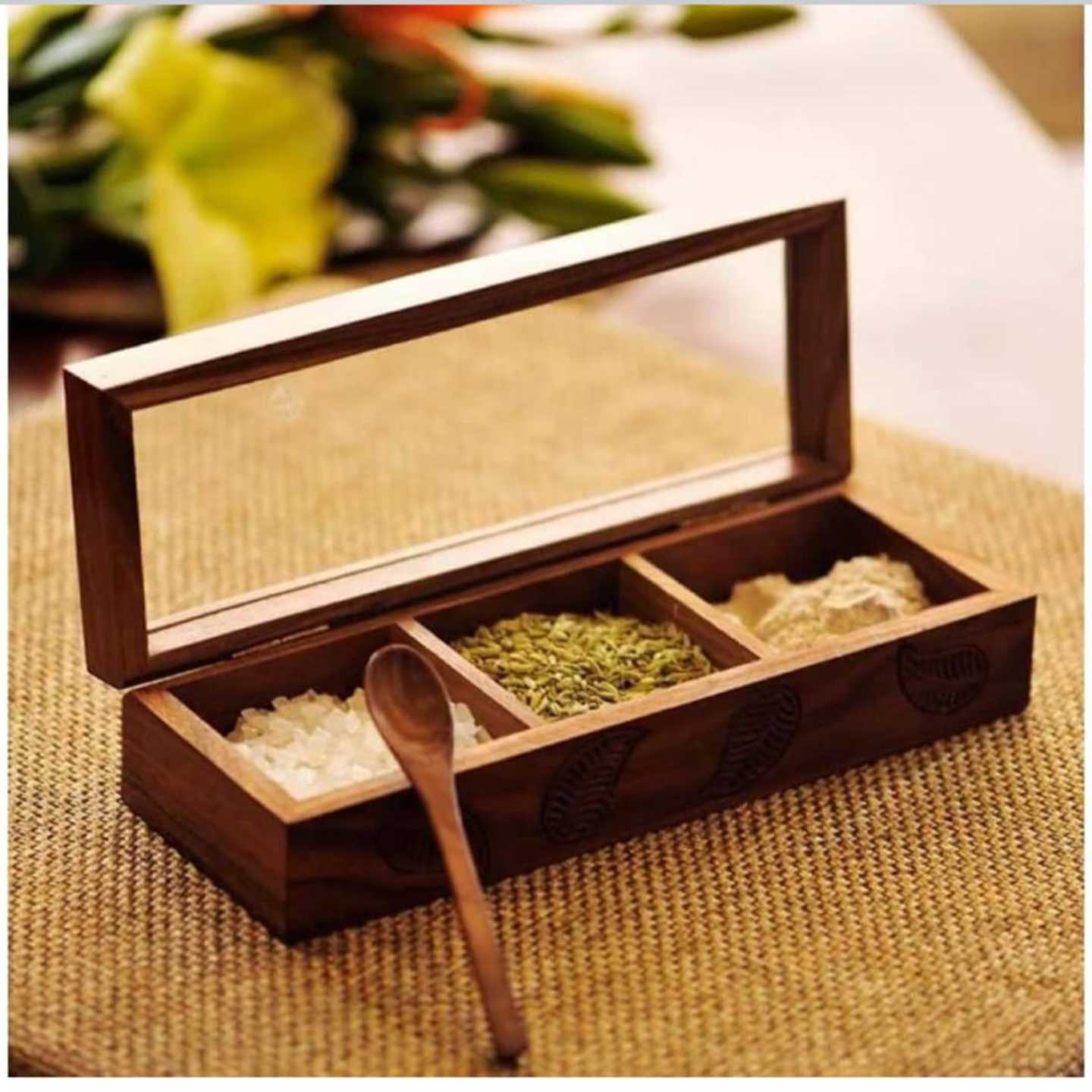 Wooden 3 rack Masala Box in natural wood colour 