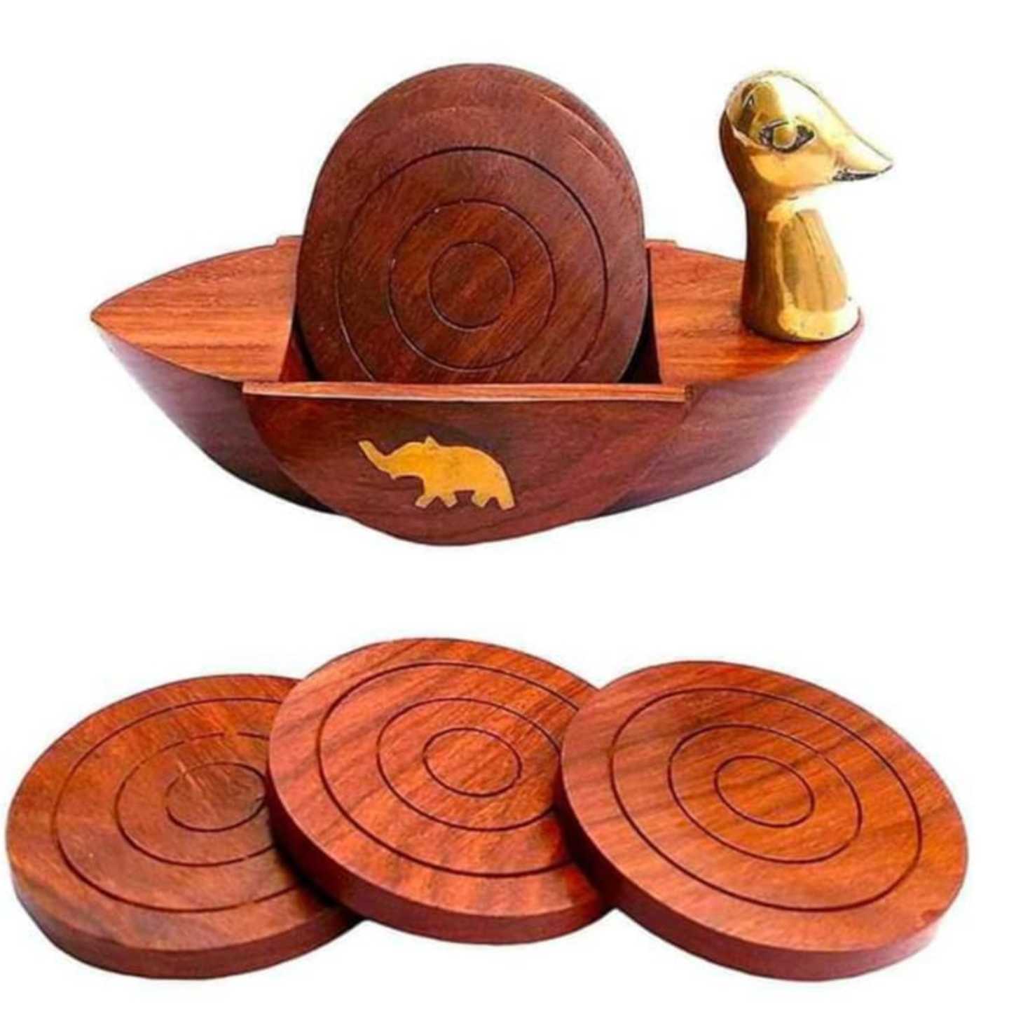 Solid Wood Duck Shape Tea Coaster Set with brass inlet art 