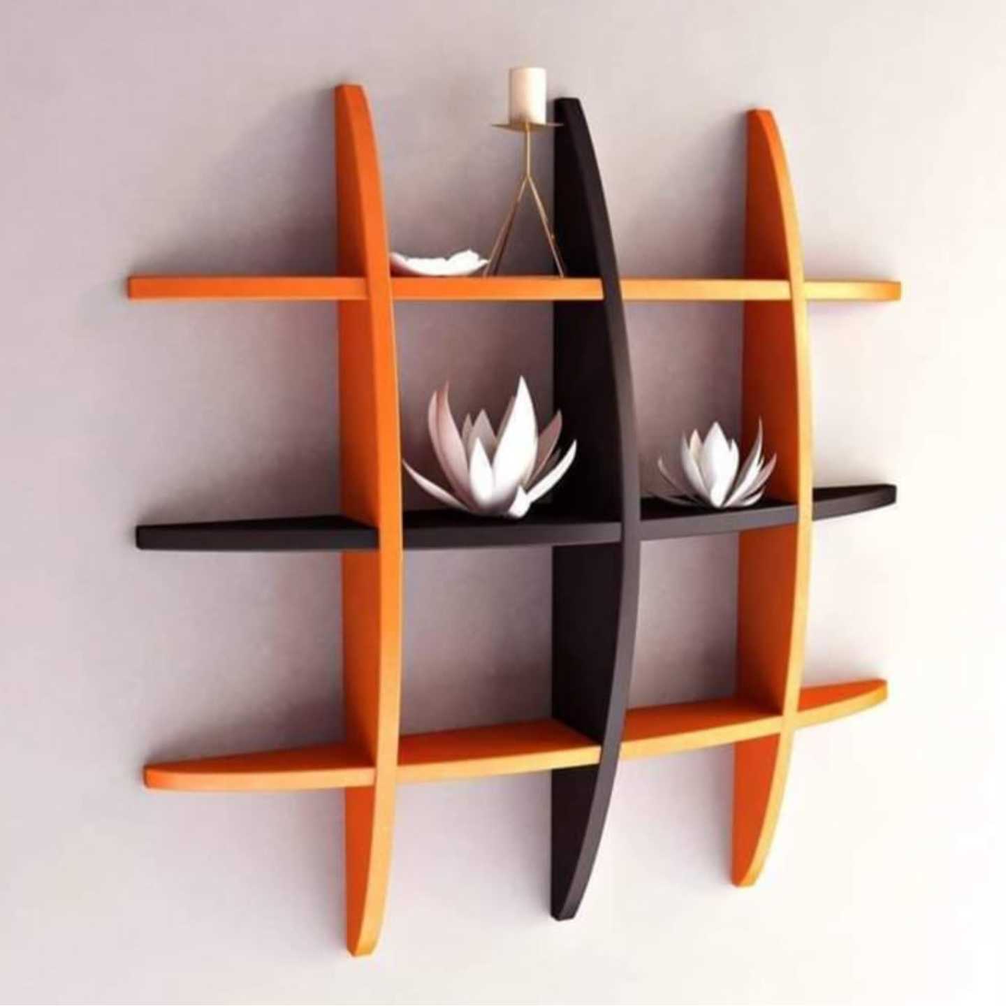 Wooden MDF 12 rack wall shelf set in orange& black colour combination