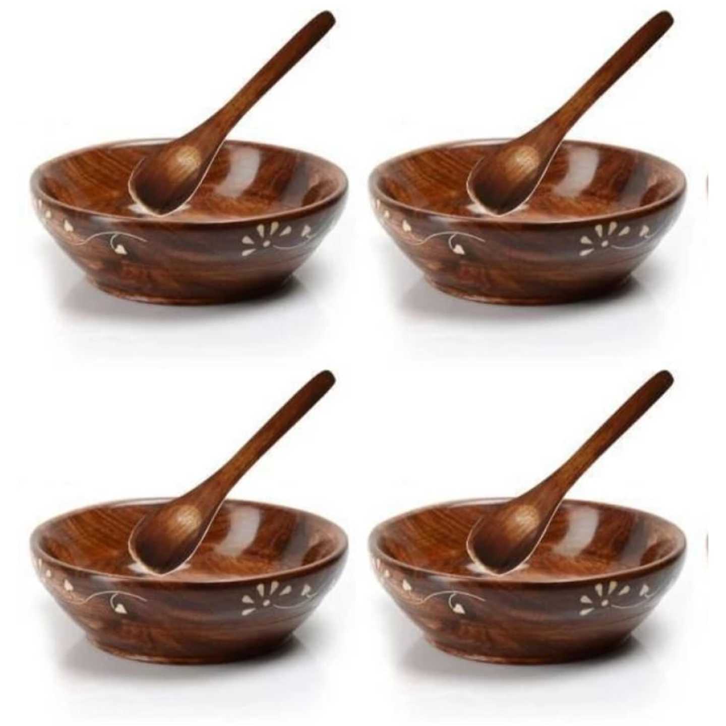 Solid Wood Soup Bowl Set with spoon pack of 4 