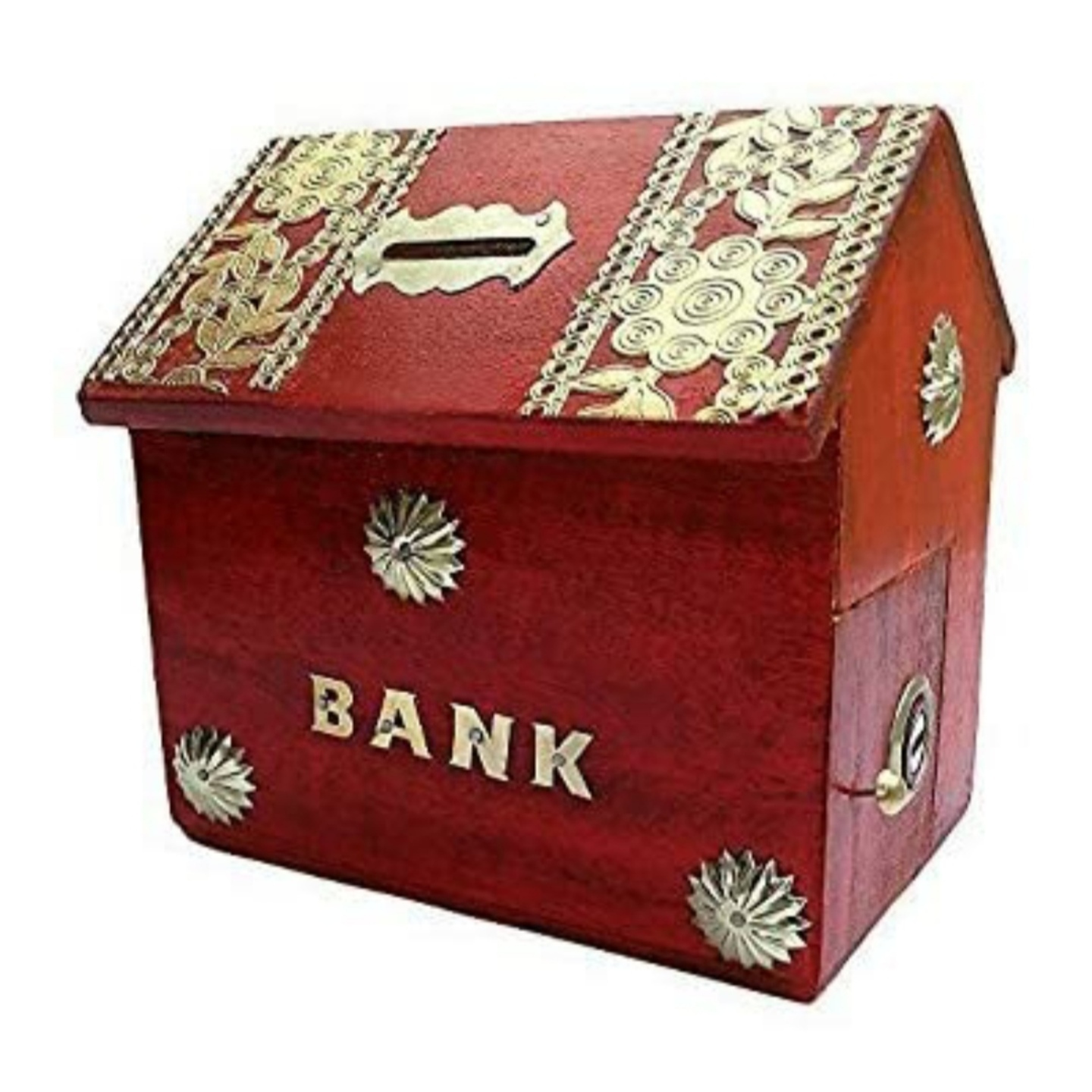 House shape kids Money Bank in red wood with embedded design