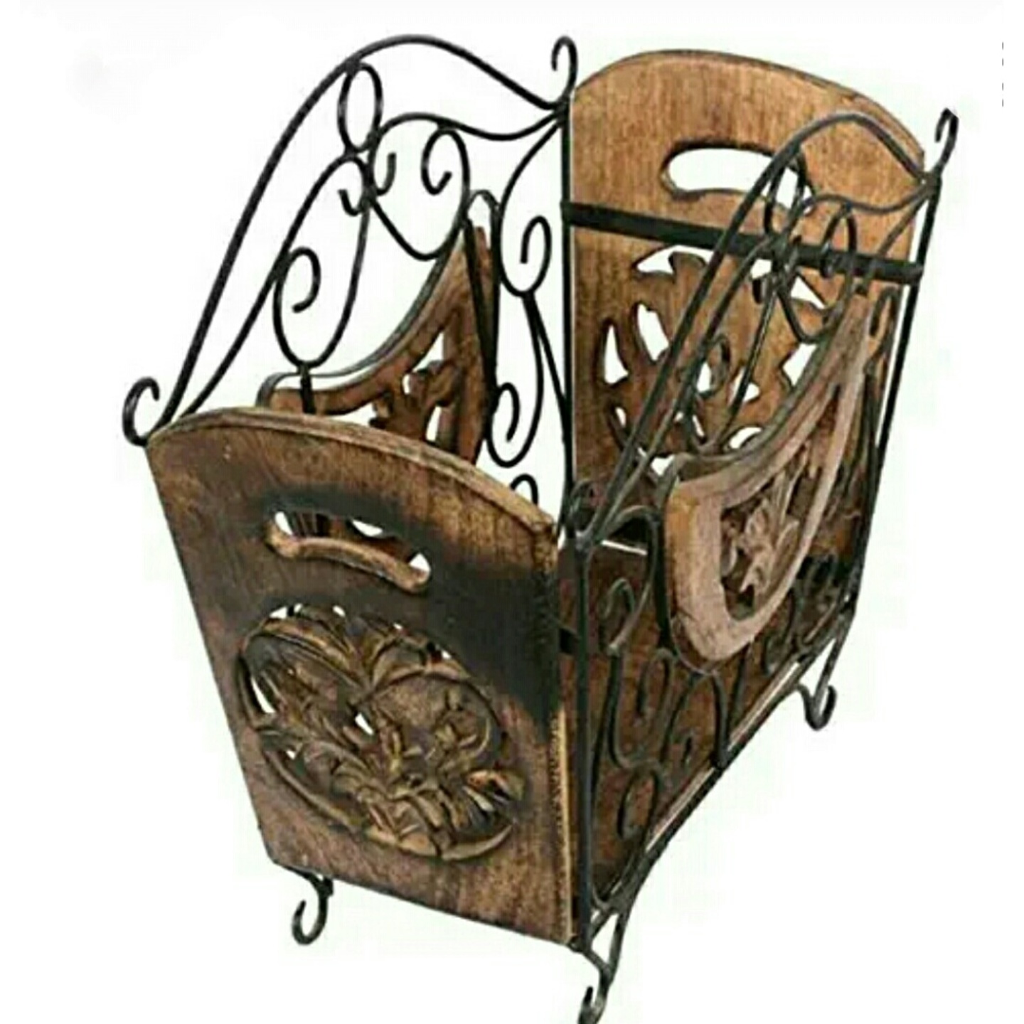 Solid wood and Iron Magazine cum Utility Basket