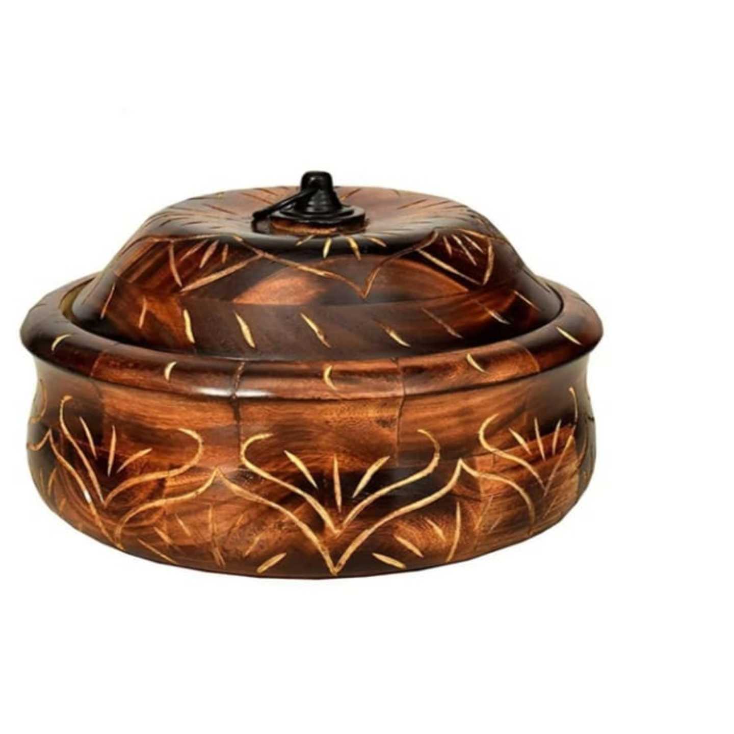 Solid wood antique polish casserole with steel inner lid