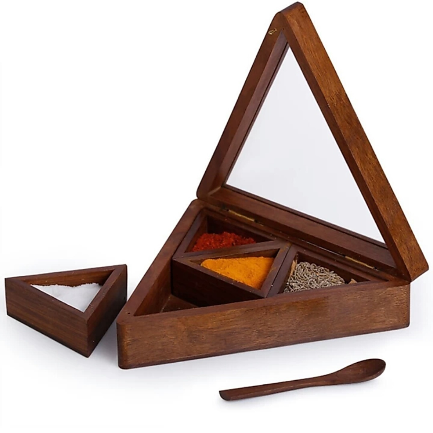 Solid wood Triangle shape Masala Box with spoon