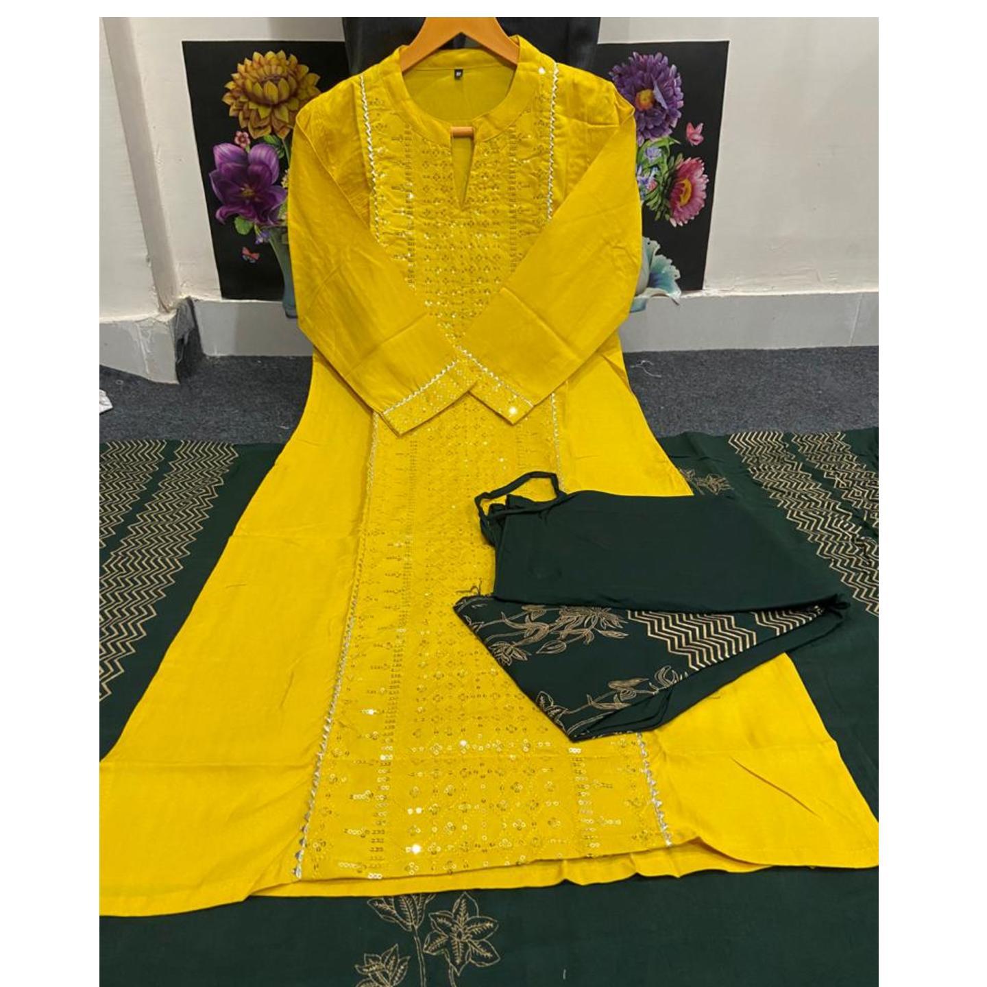Beautiful Rayon Sulb Fabric Printed With Heavy Sequence work Kurti And Heavy Printed Pant & Dupatta
