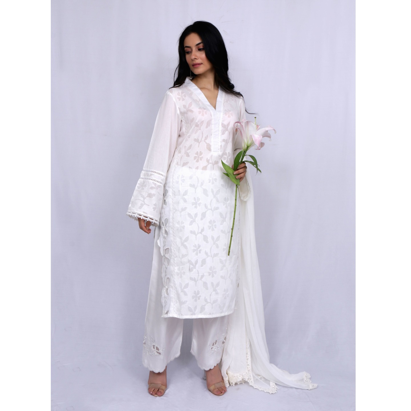 White embroidered self panel suit