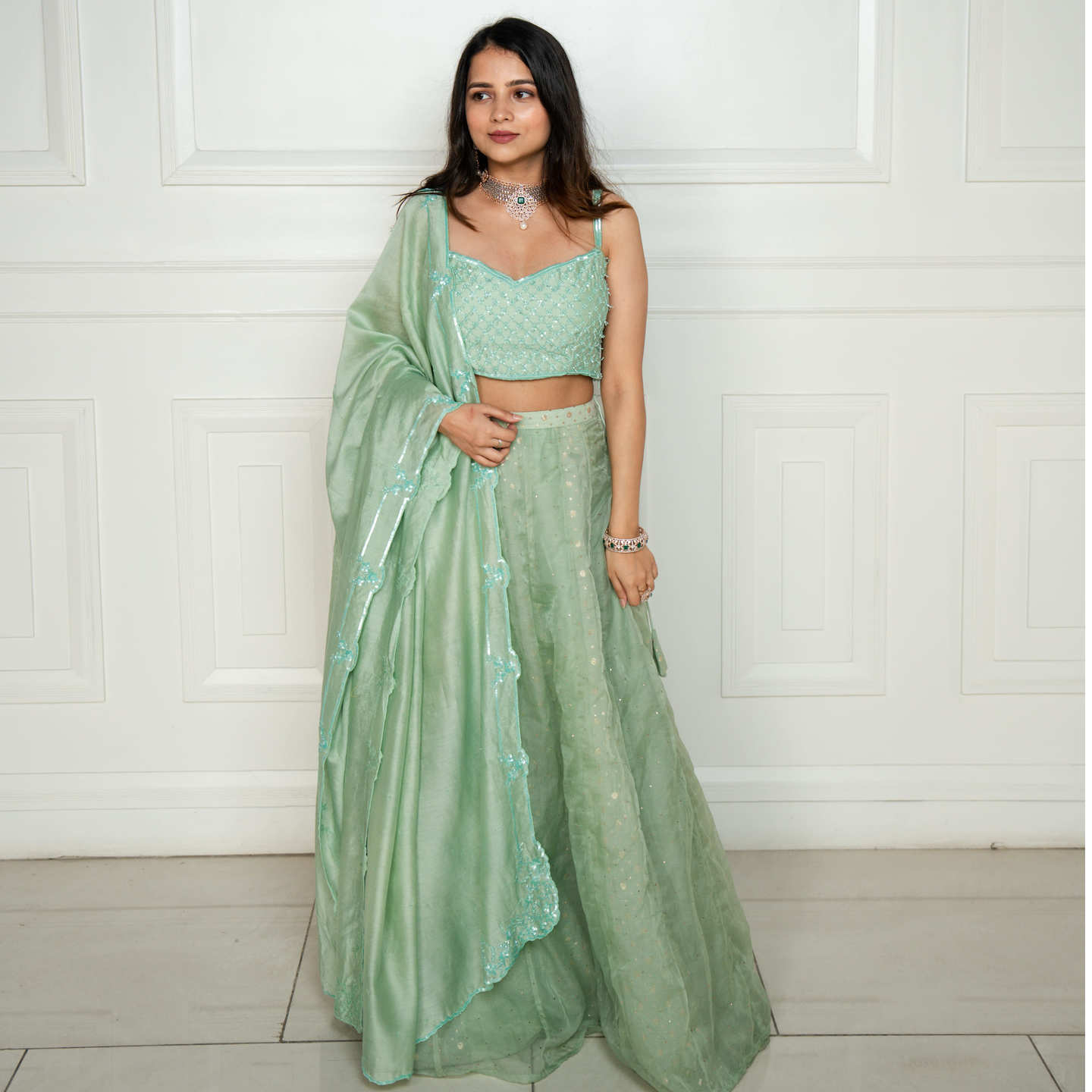 Chanderi layer mukaish lehenga (Green)