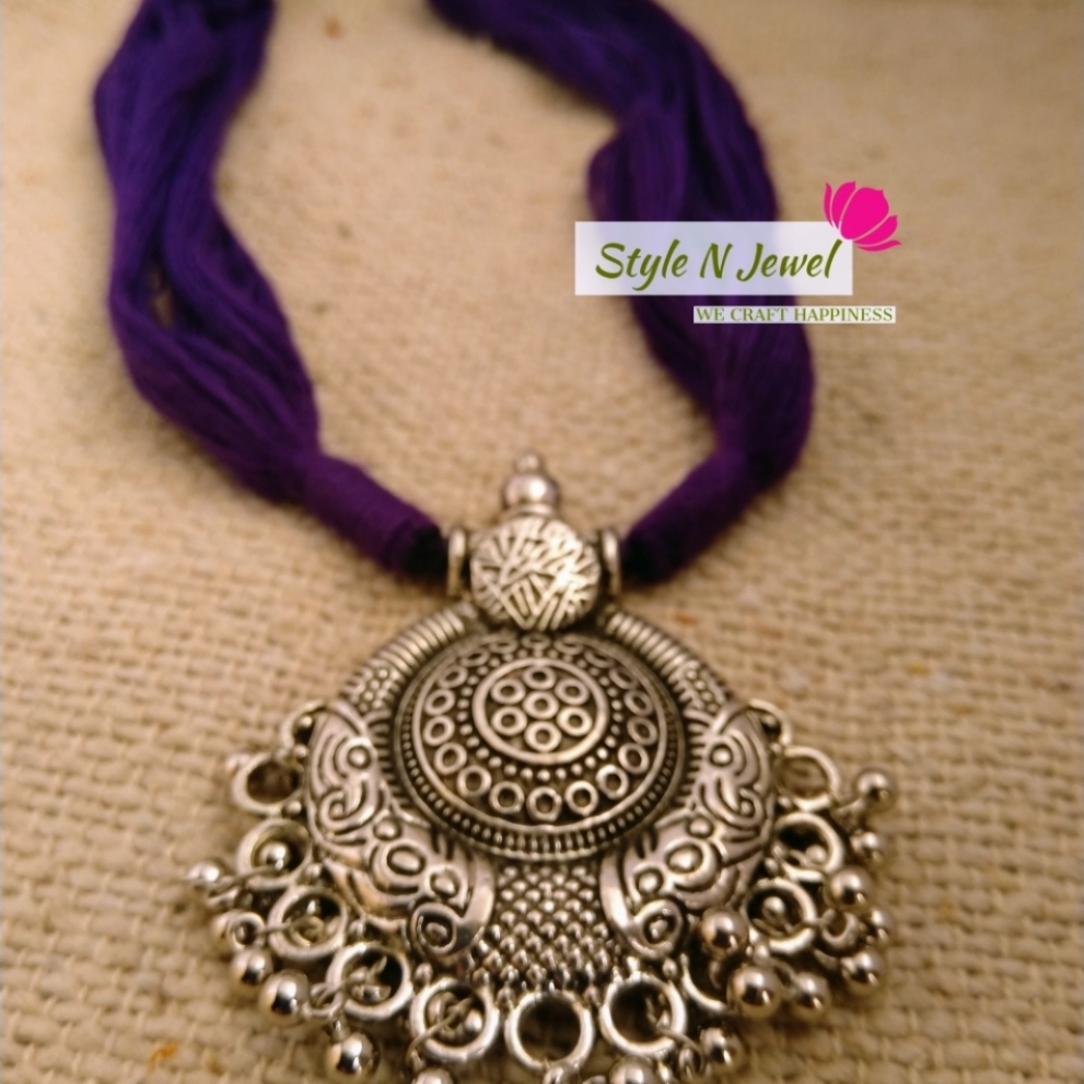 Oxidized Necklace With Cotton Purple Dori