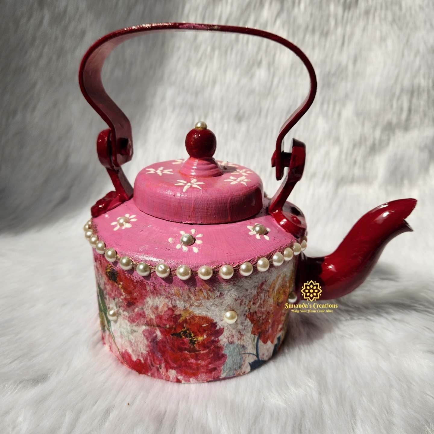 Handpainted Decoupage Kettle (Pink & Coral Red)