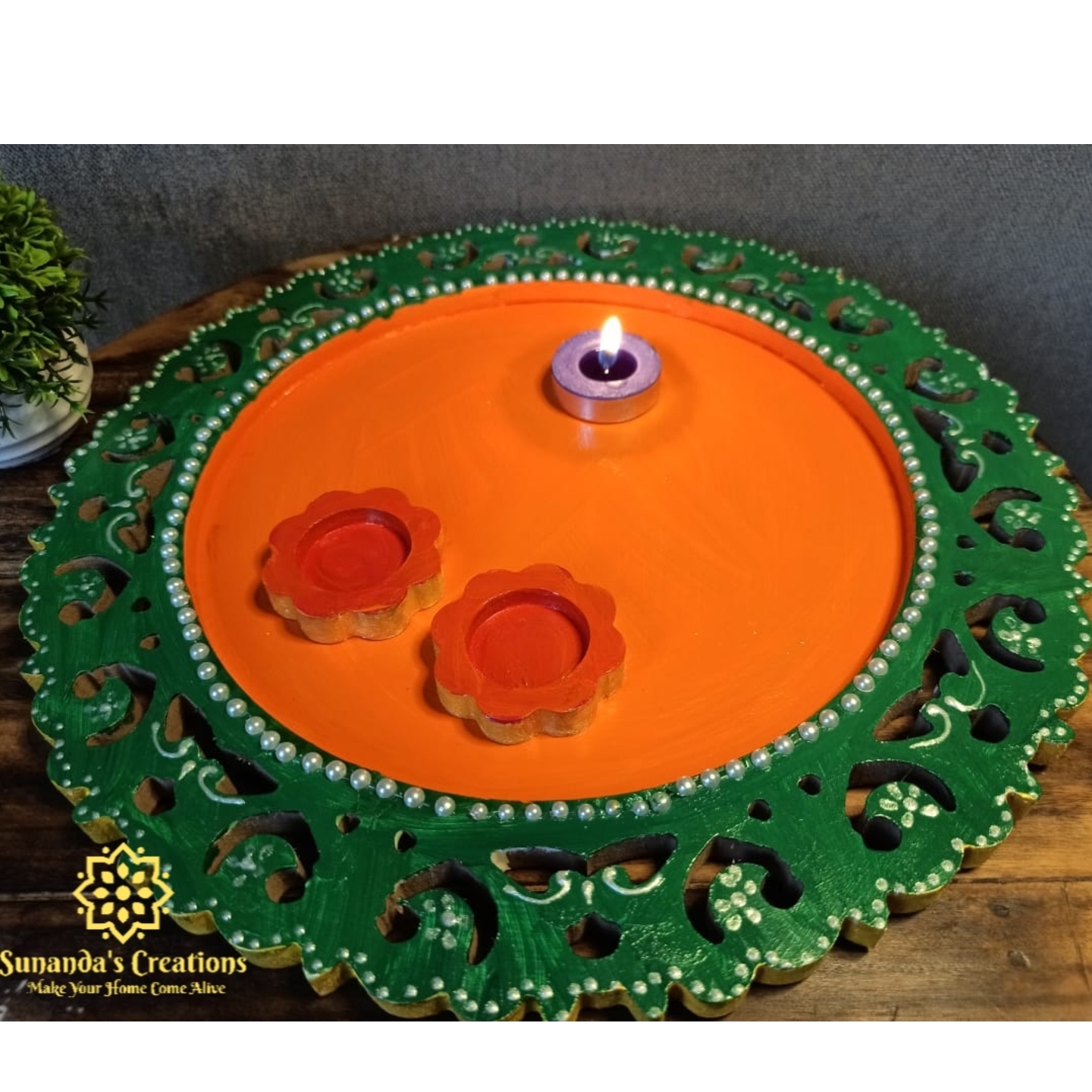 Decorative Puja ThaliHand PaintedKolka Design 2 Small bowls