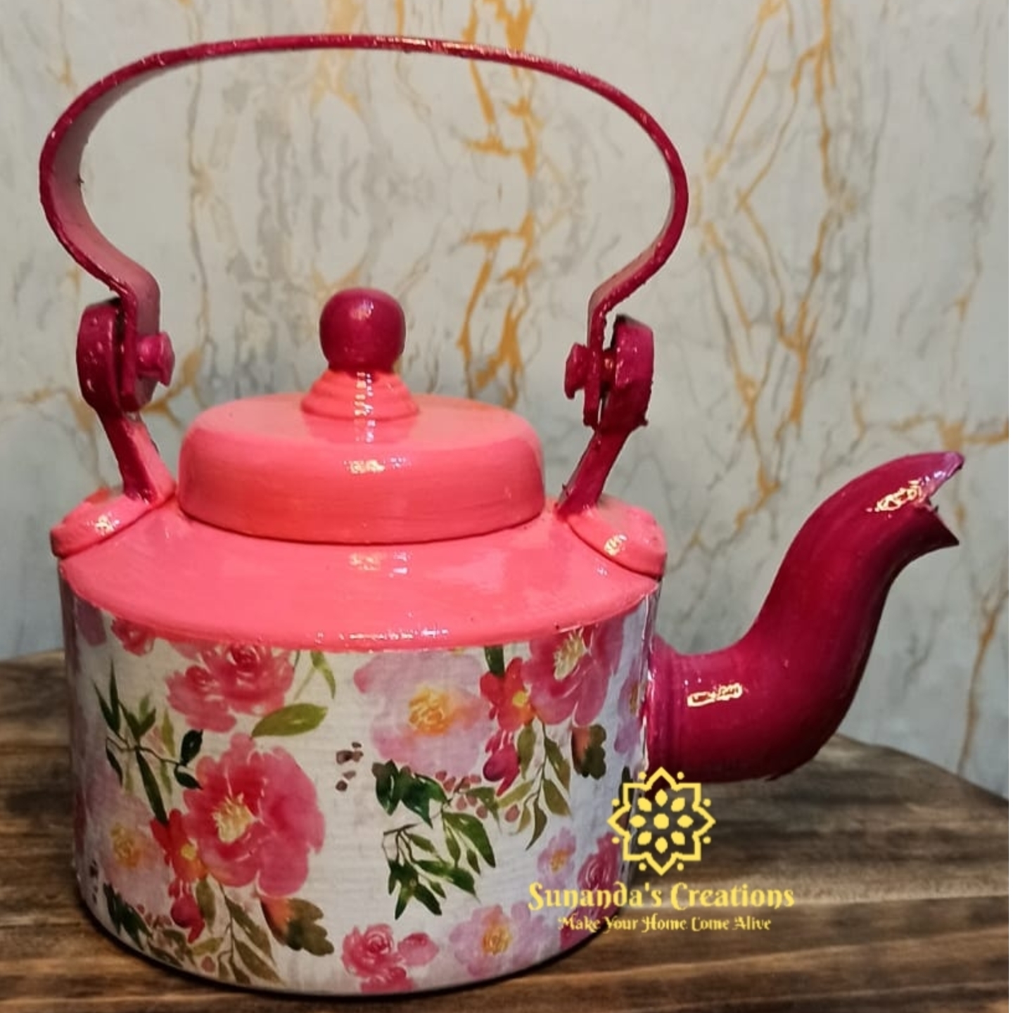 Handpainted Decoupage Kettle Pink & Coral Red
