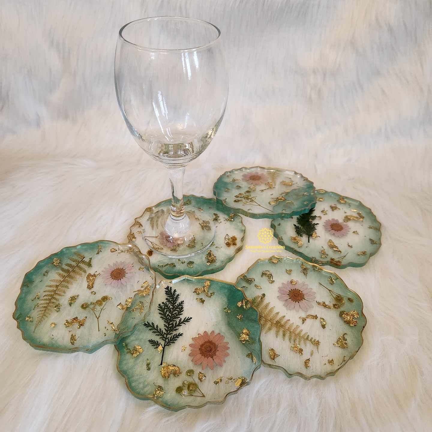 Agate Resin Floral Coasters (Transparent with tinch of Metalic Green)
