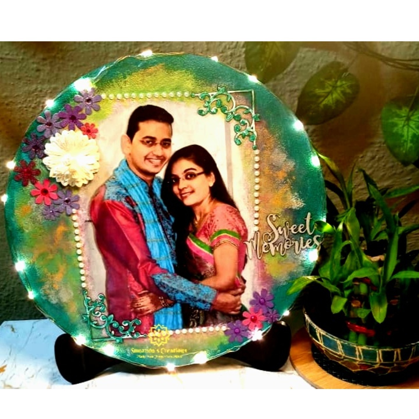 PlanterPersonalized Photo Plate Mixed media Hand painted Light & wooden stand included