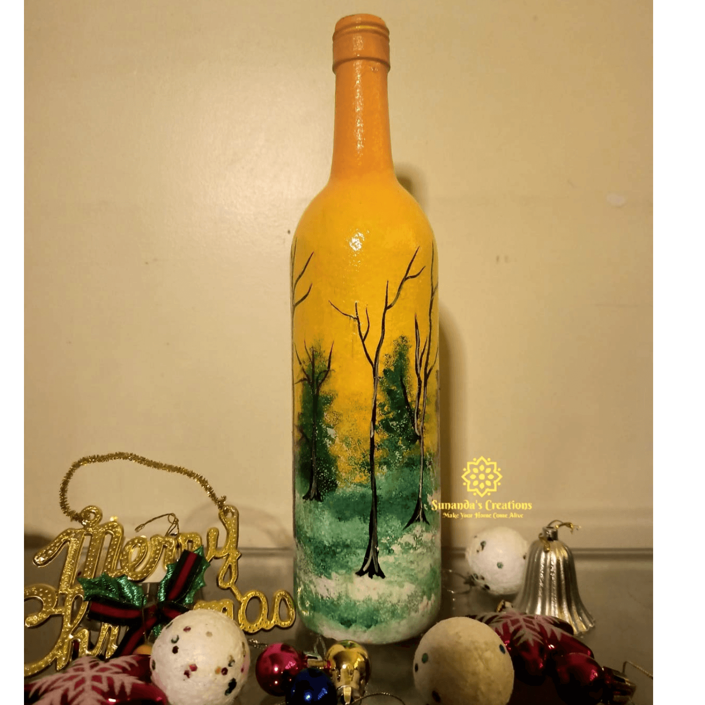Winter themed handpainted bottle art