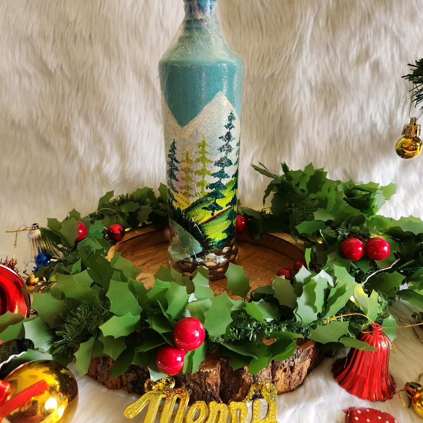 Christmas themed handpainted bottle art