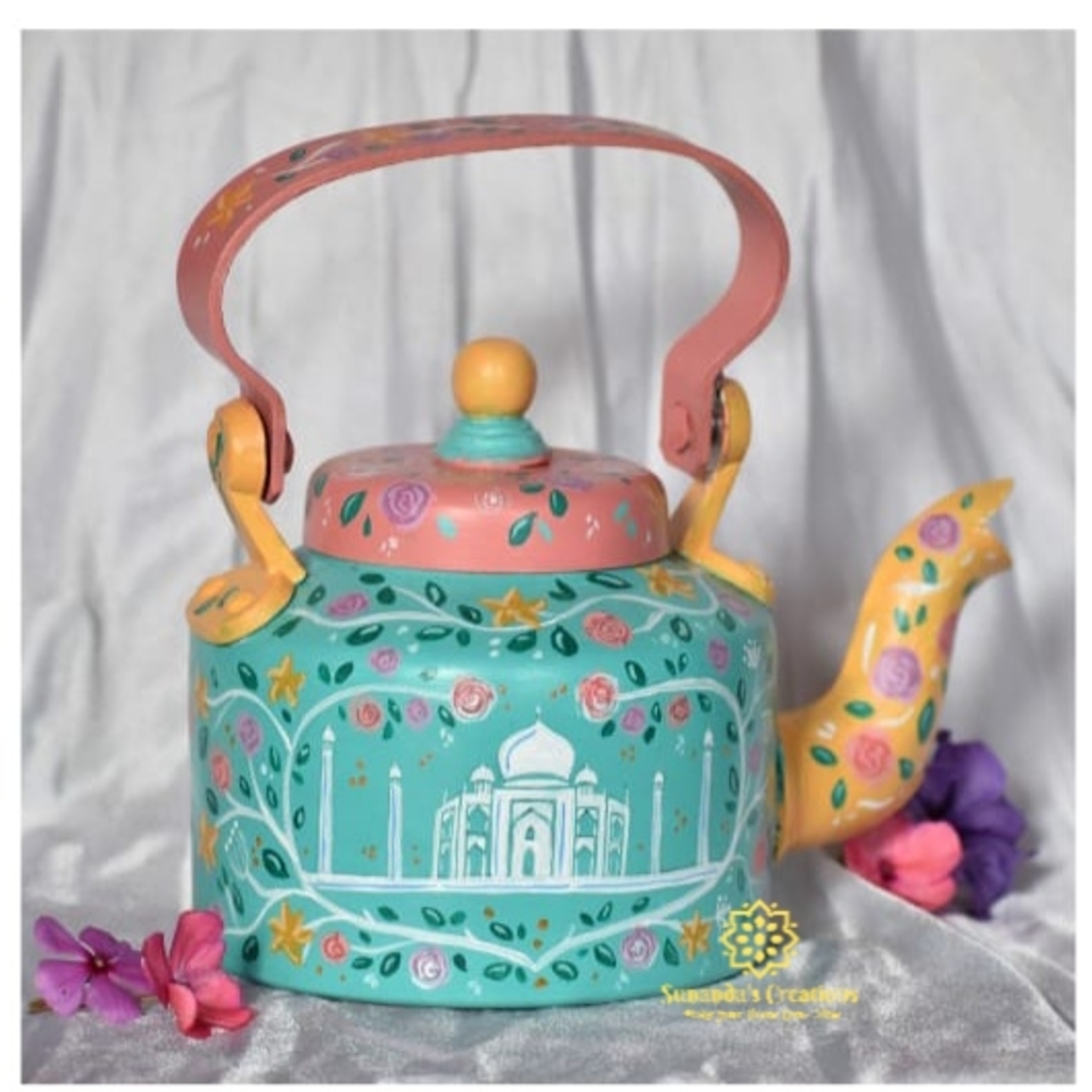 Tajmahal designed Hand painted Kettle Teal Blue & Baby Pink