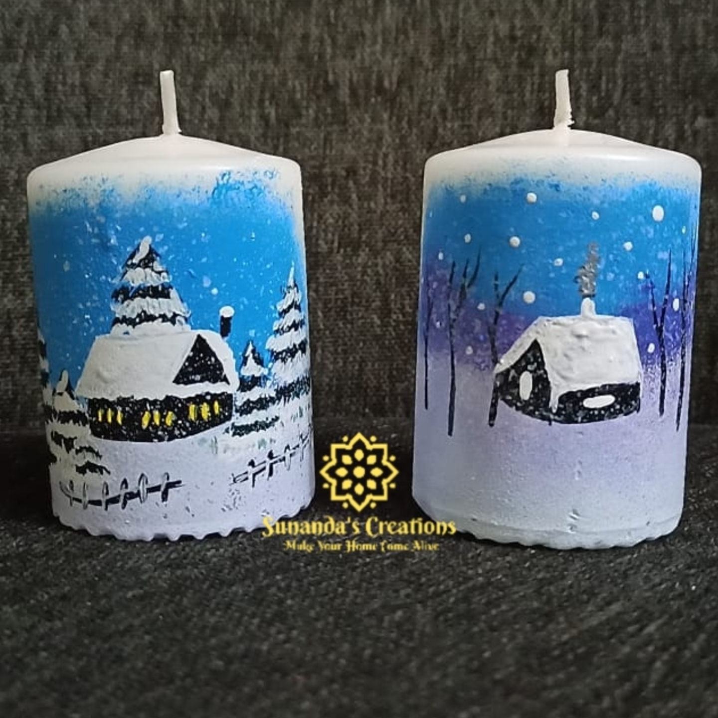 Hand painted Christmas themed Bar Candles White
