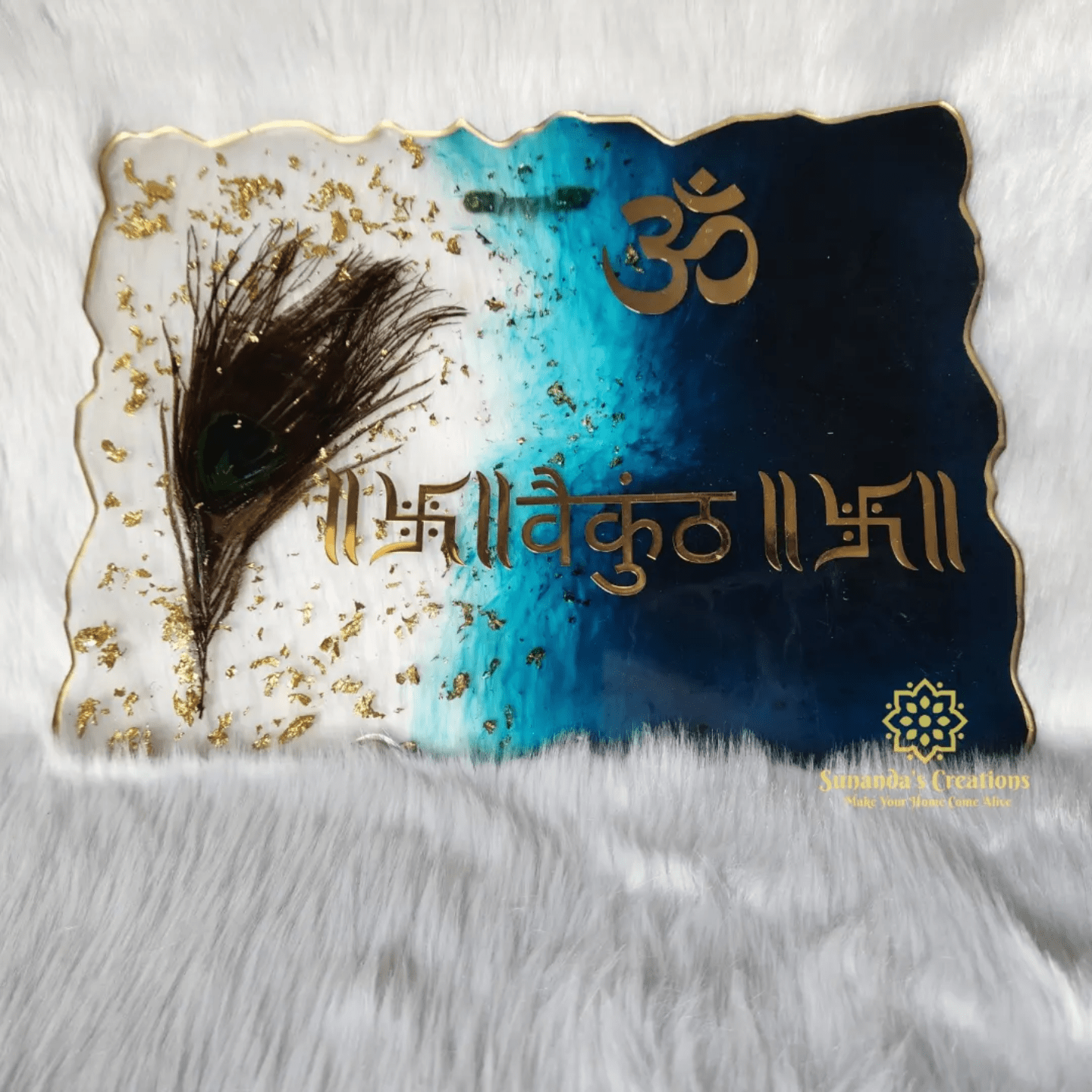 Customized Resin Nameplate with Real Peackock Feather White