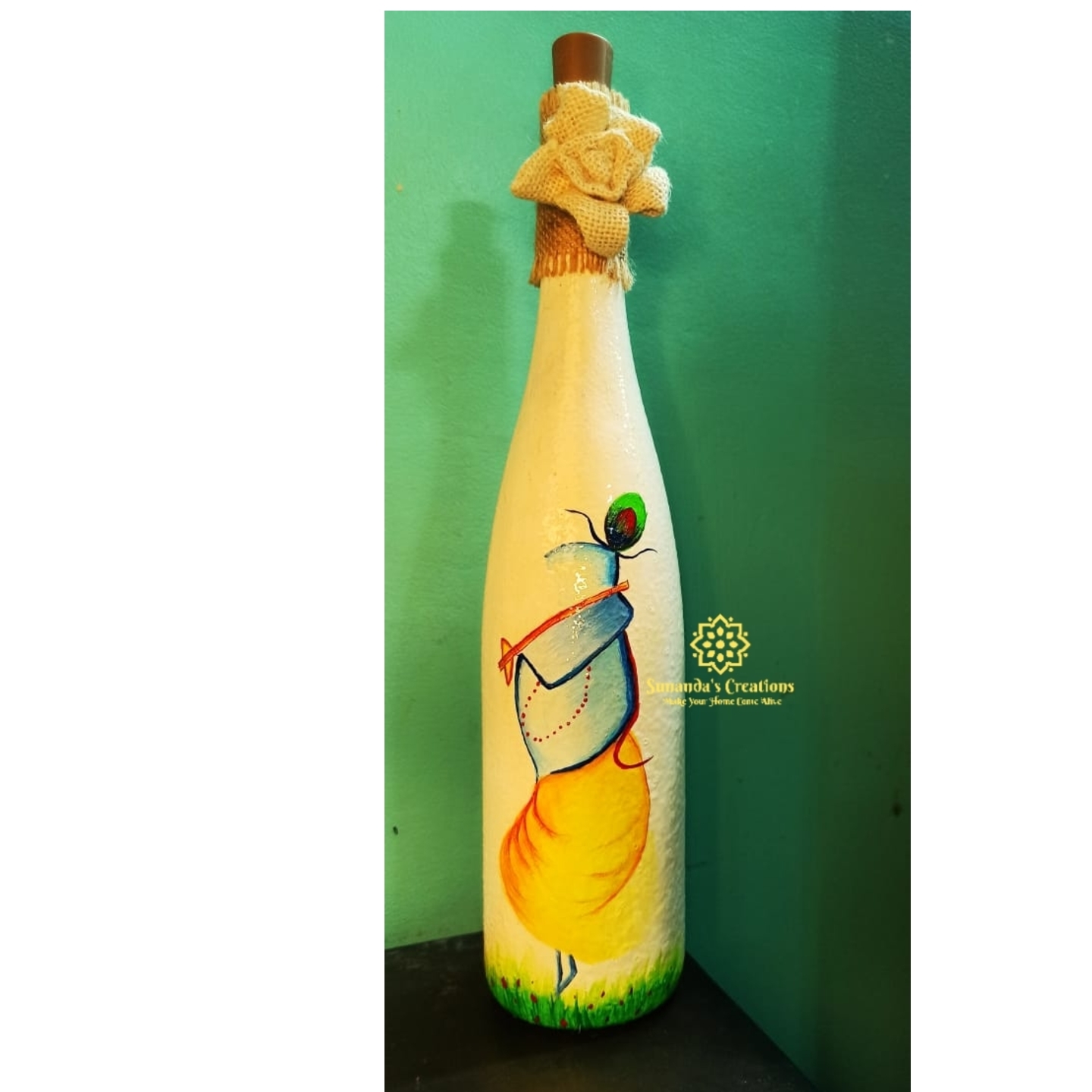 Handpainted Krishna design bottle art