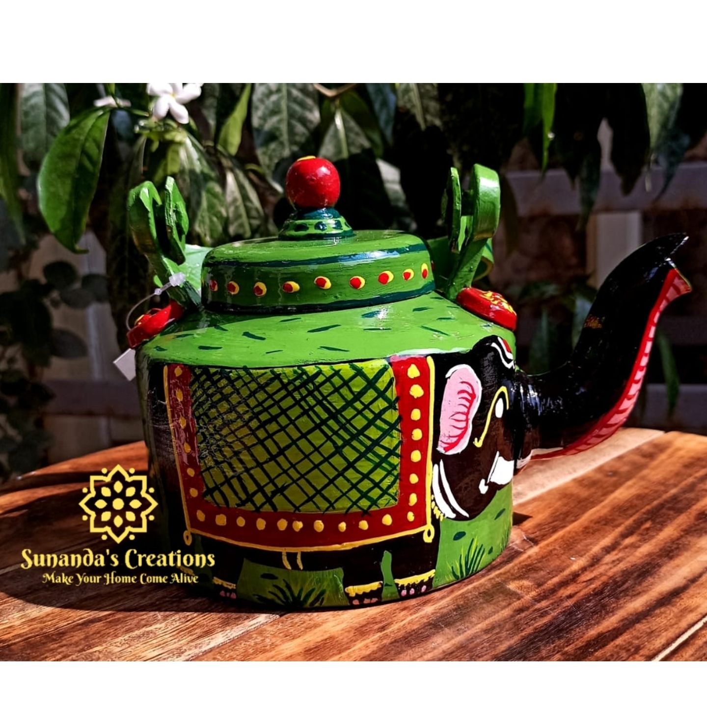 Elephant Designed/ Hand Painted/ Kettle (Green)