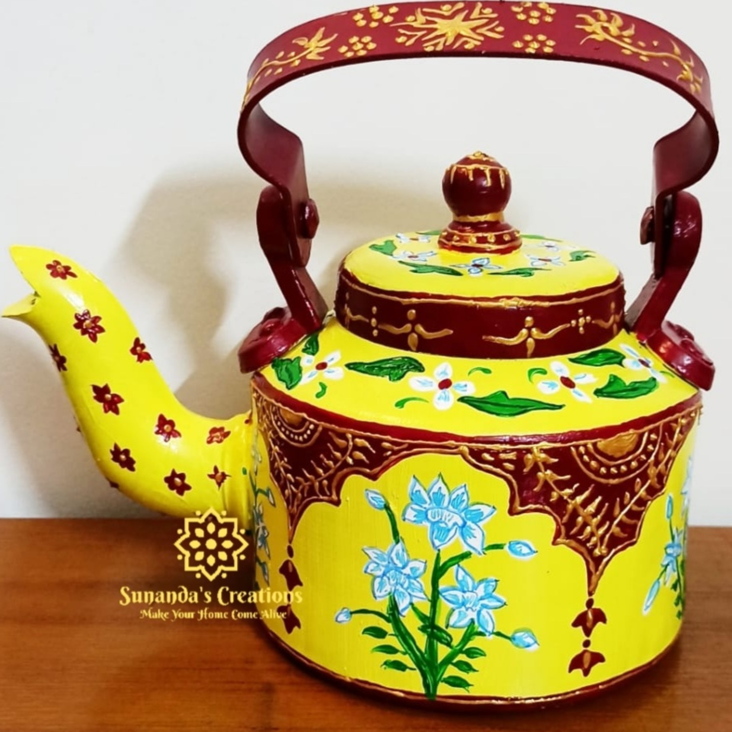 Rajasthani Traditional Art Hand Painted Kettle Yellow